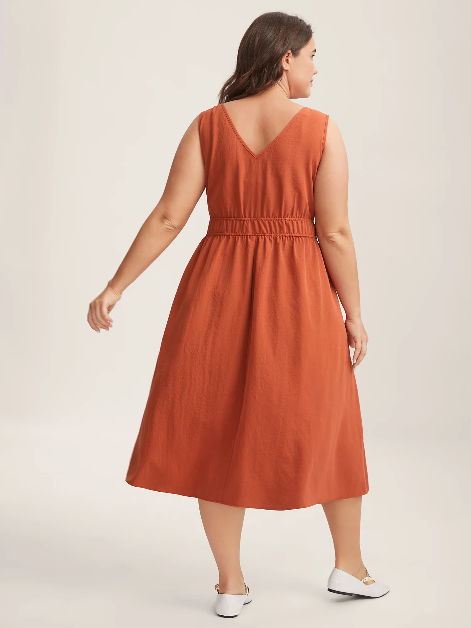Stretchy Waist Solid Pockets Midi Dress - Image 4