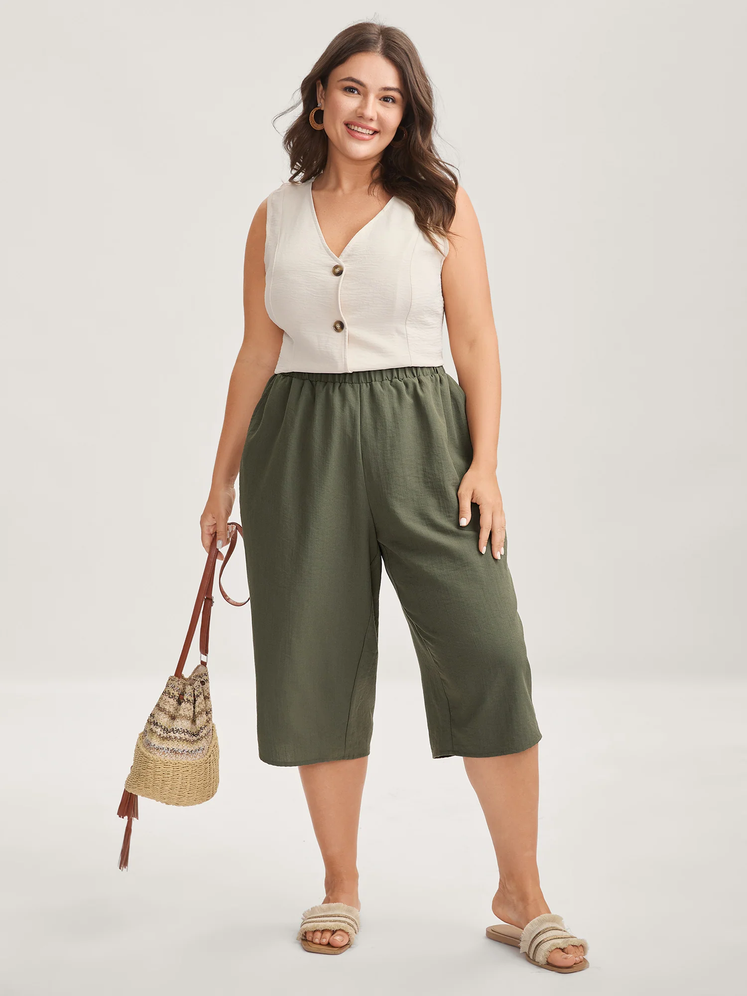 Stretchy Waist Straight-Leg Capri Pants - Image 2