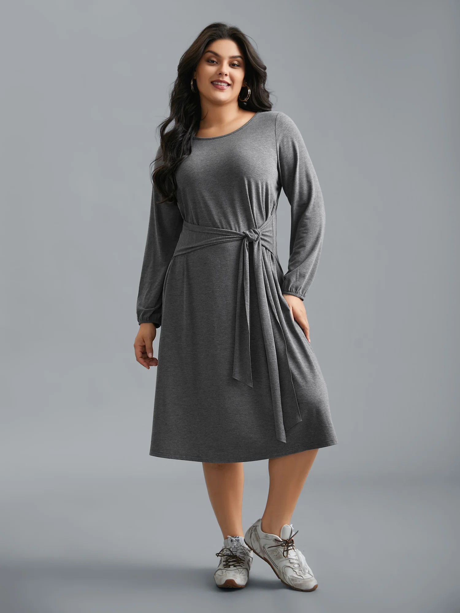 Stretchy Waist-Tie Plain Knit Dress - Image 2