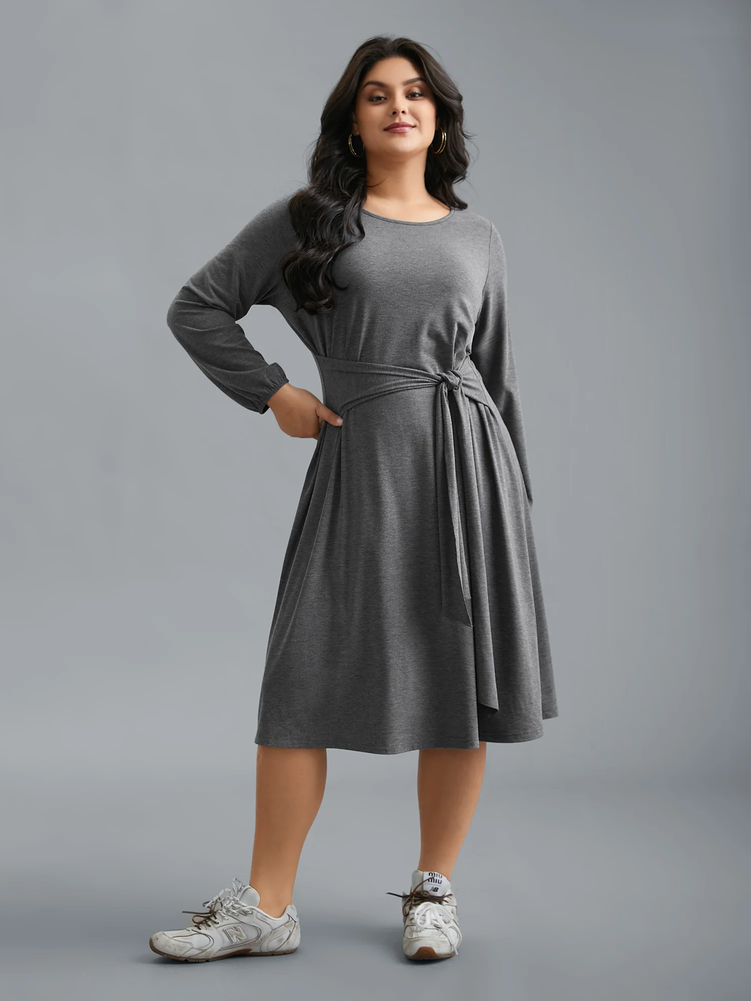 Stretchy Waist-Tie Plain Knit Dress - Image 4