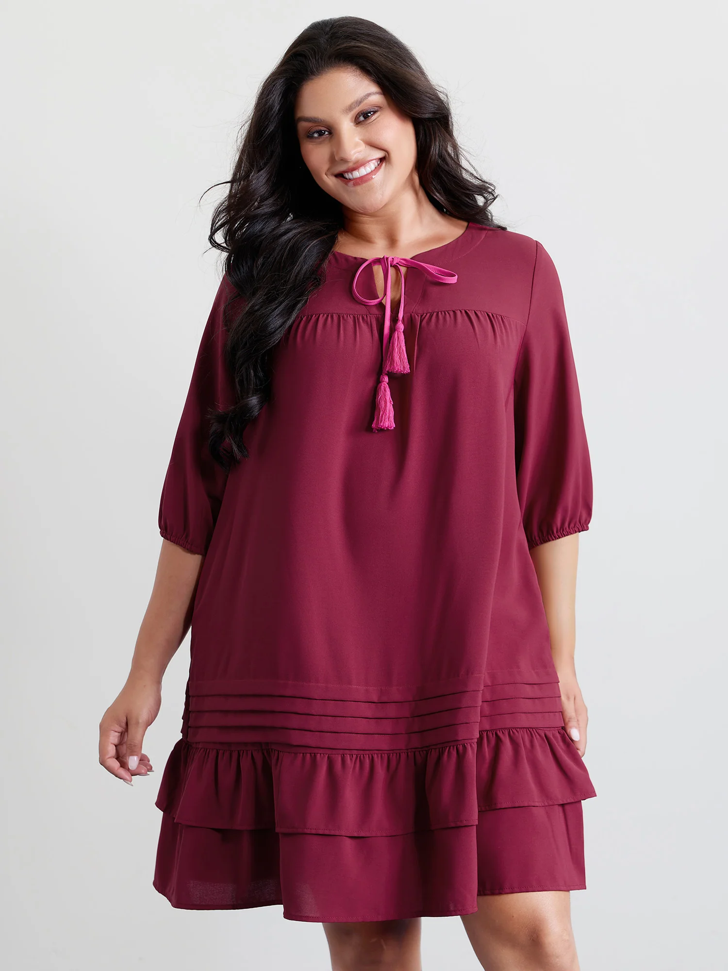 Stretchy Waist Tiered Tie Knee-Length Dress - Image 3