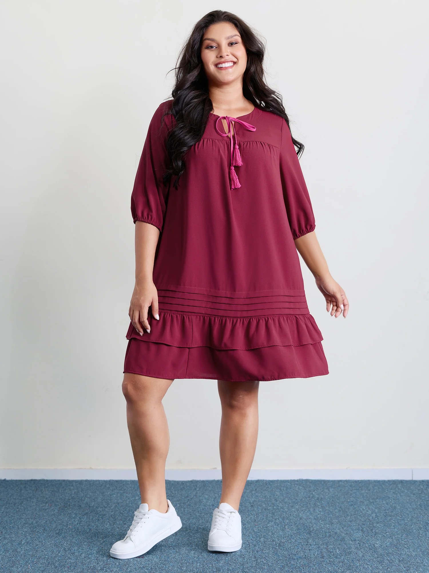 Stretchy Waist Tiered Tie Knee-Length Dress - Image 4