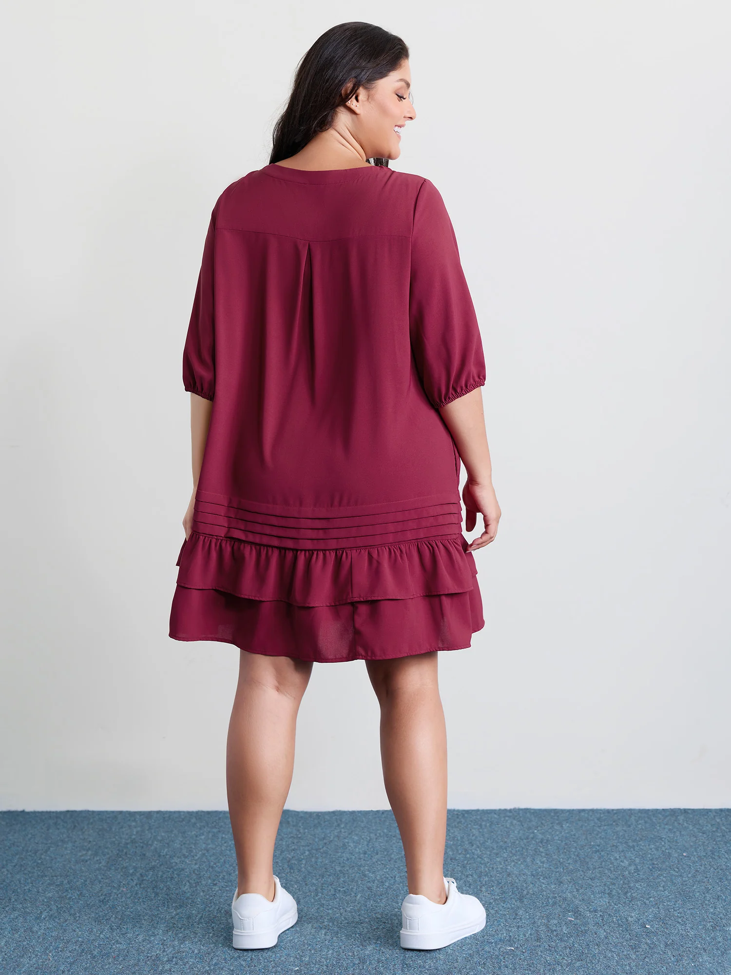 Stretchy Waist Tiered Tie Knee-Length Dress - Image 5