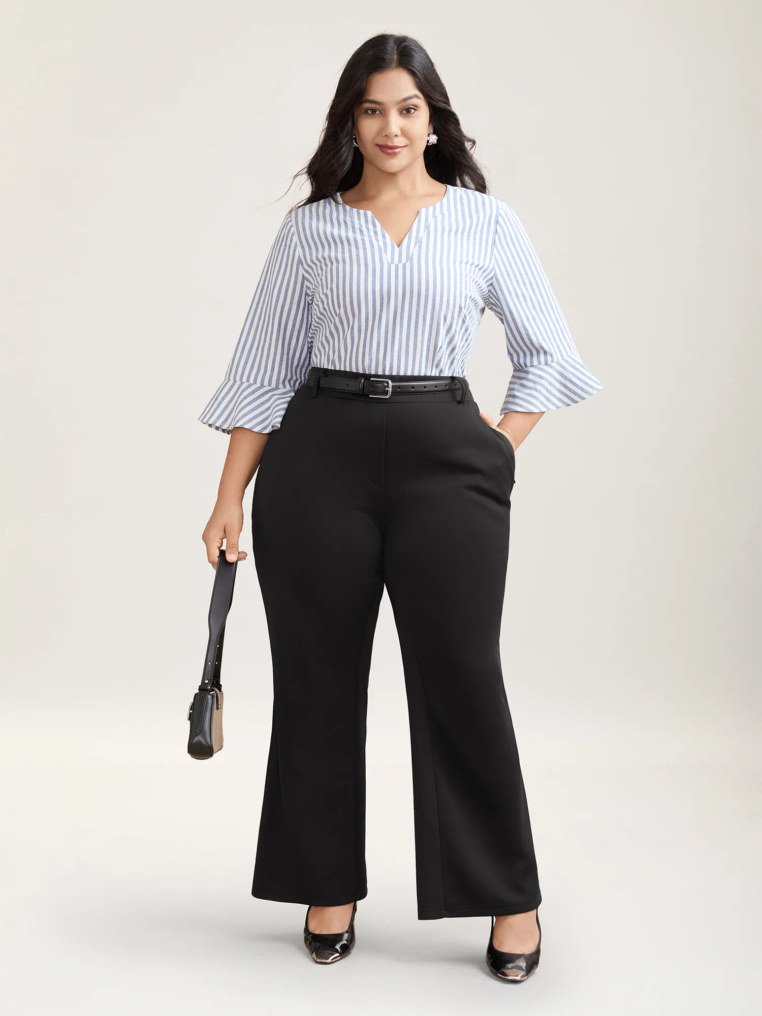 Stretchy Waist Zipper Pocket Flared Pants - Image 3