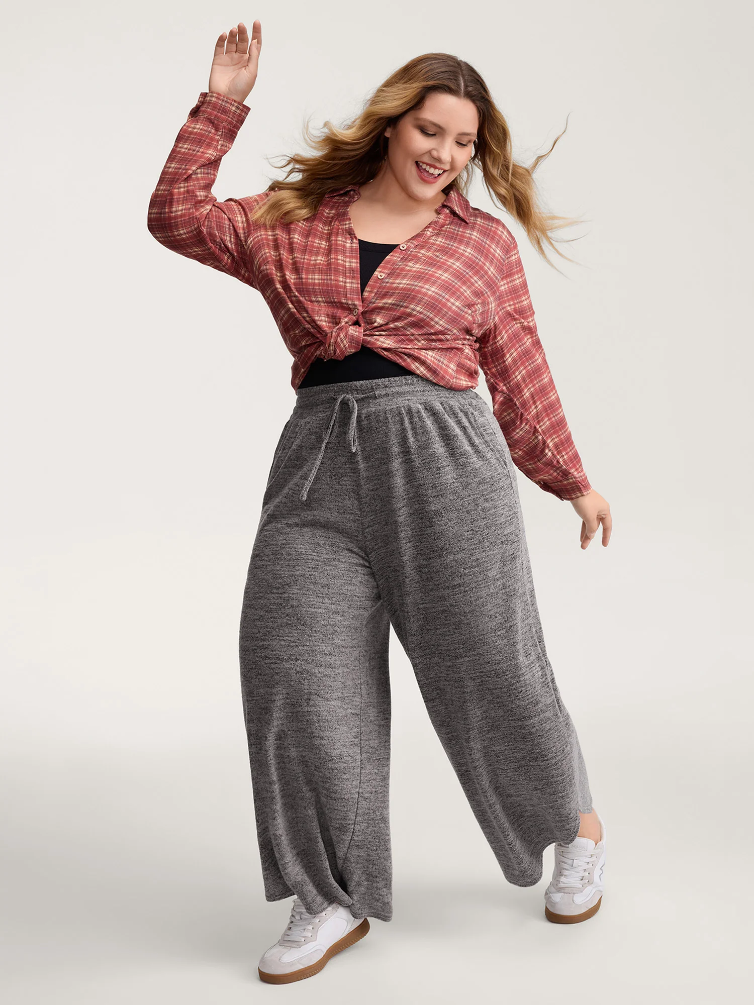 Stretchy Waistband Color-Mix Knit Pants - Image 2