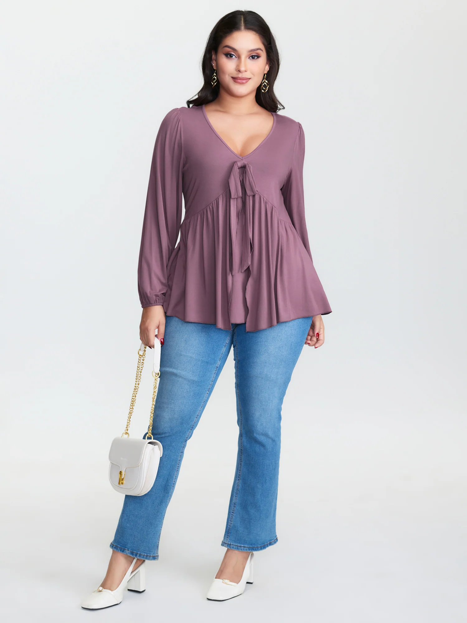 Stretchy Waistband Tie-Front Ruffled Knit Top - Image 2
