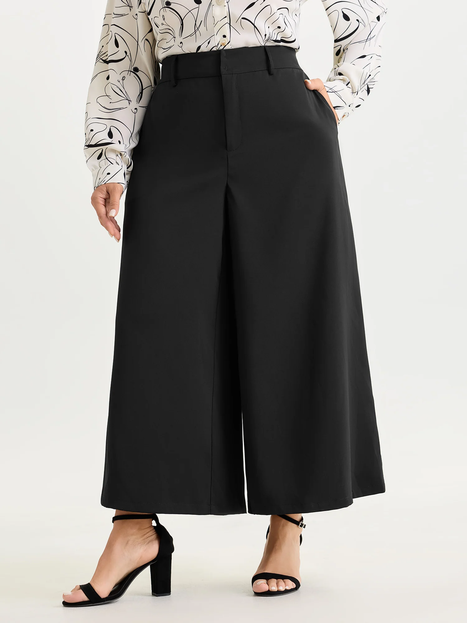 Stretchy Wide Waistband Wide-Leg Pants - Image 2