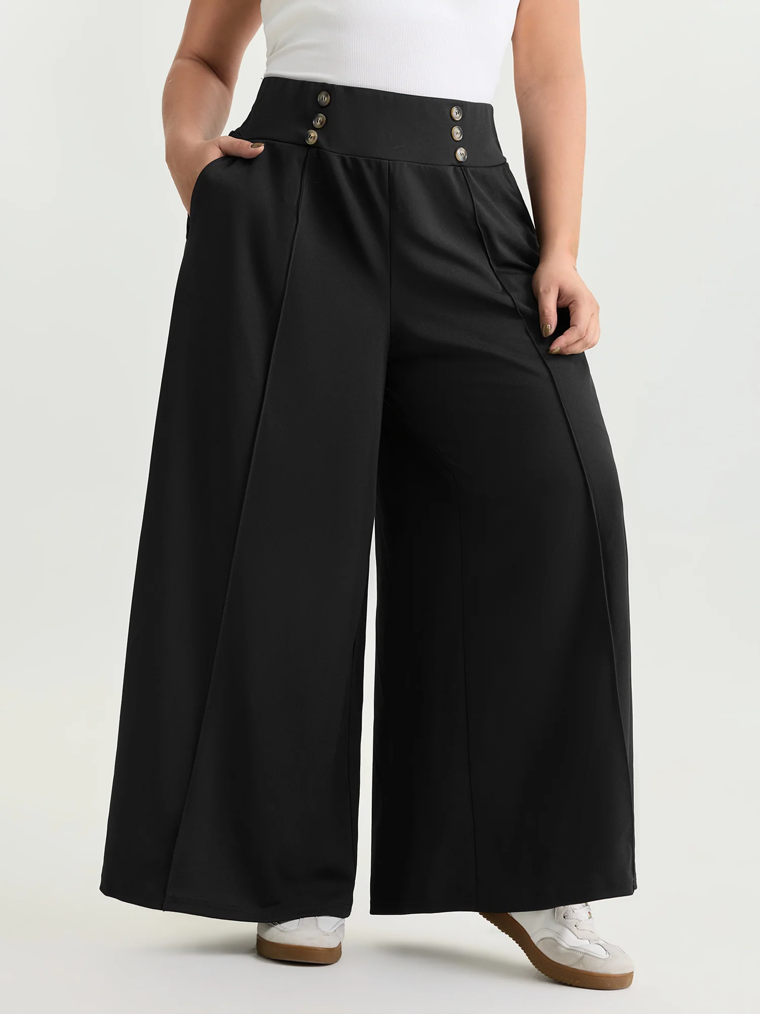 Stretchy Wide Waistband Wide-Leg Pants - Image 2