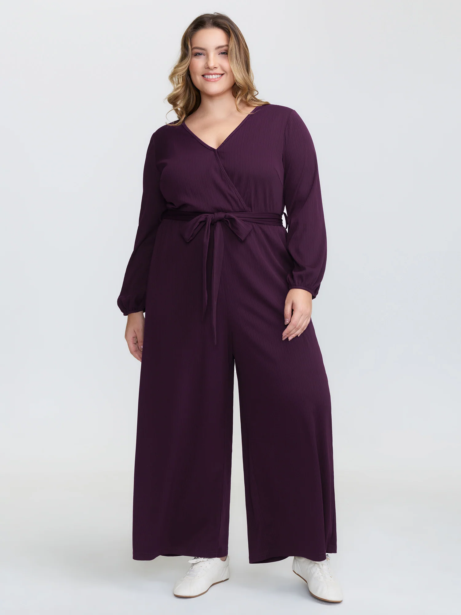 Stretchy Wrap Neckline Adjustable Belt Jumpsuit