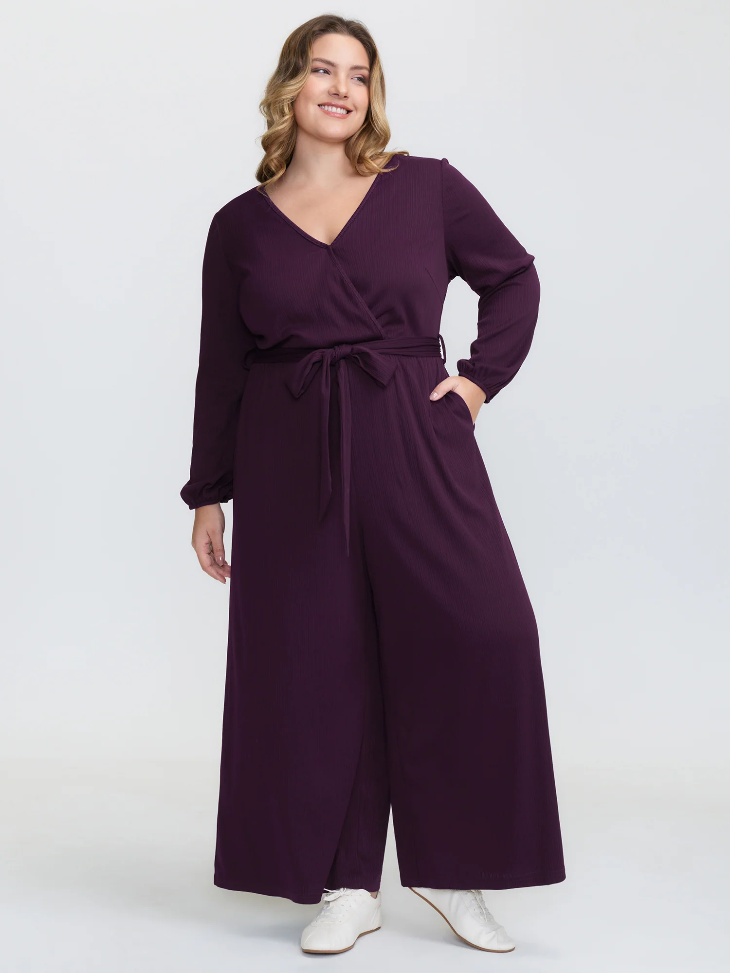 Stretchy Wrap Neckline Adjustable Belt Jumpsuit - Image 3