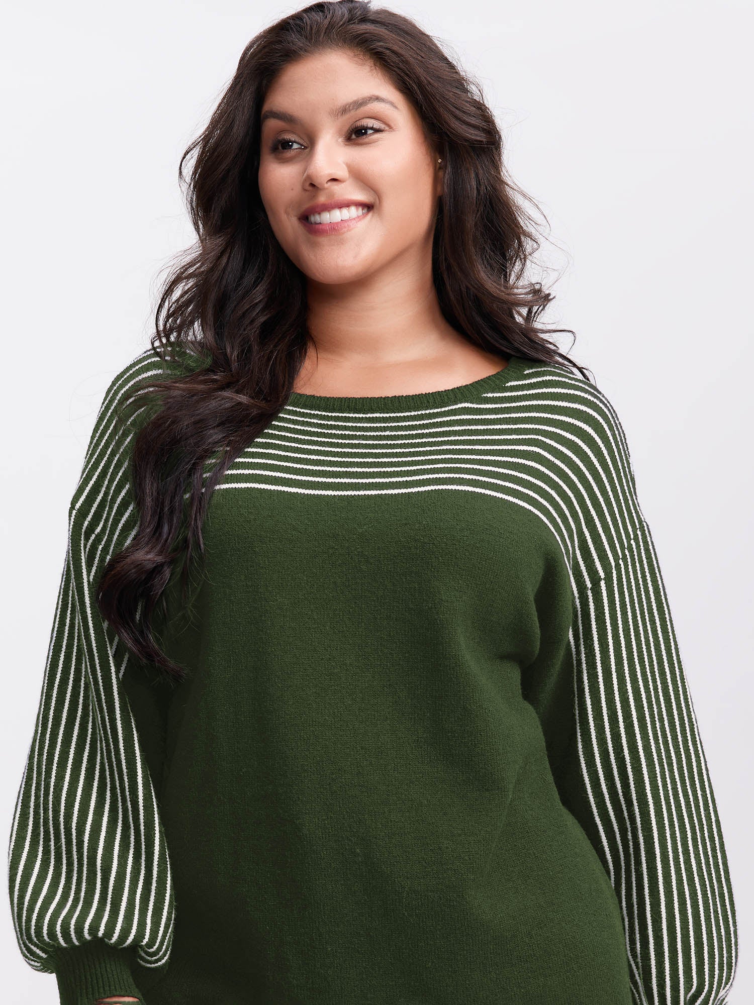 Stripe Boat Neck Balloon Sleeve Pullover - Image 10