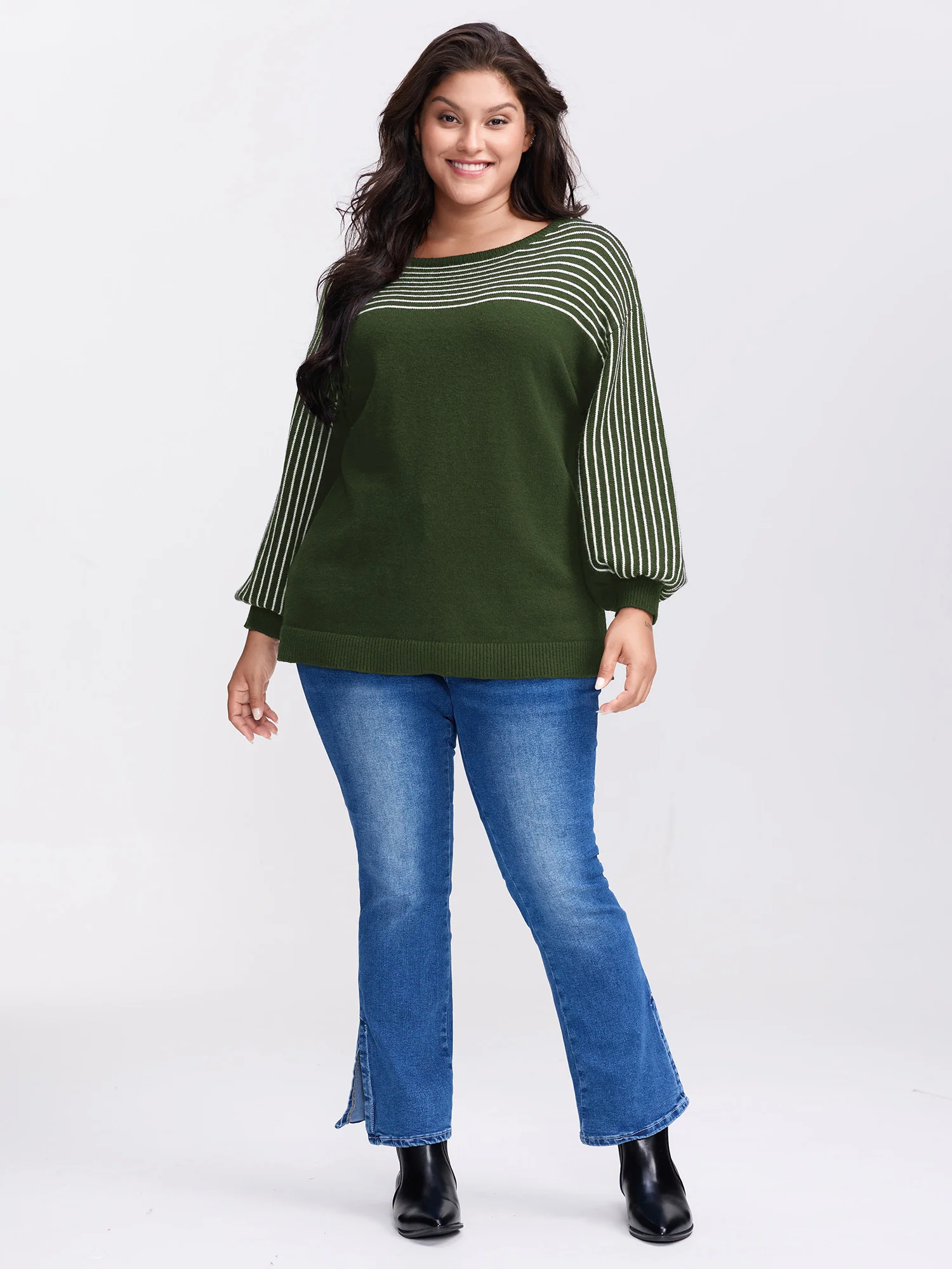 Stripe Boat Neck Balloon Sleeve Pullover - Image 11