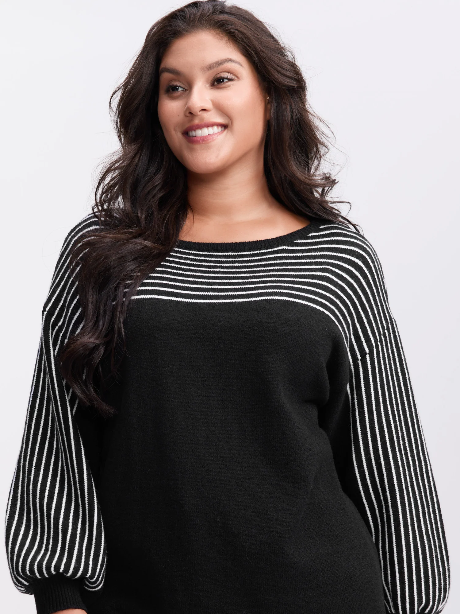 Stripe Boat Neck Balloon Sleeve Pullover - Image 2