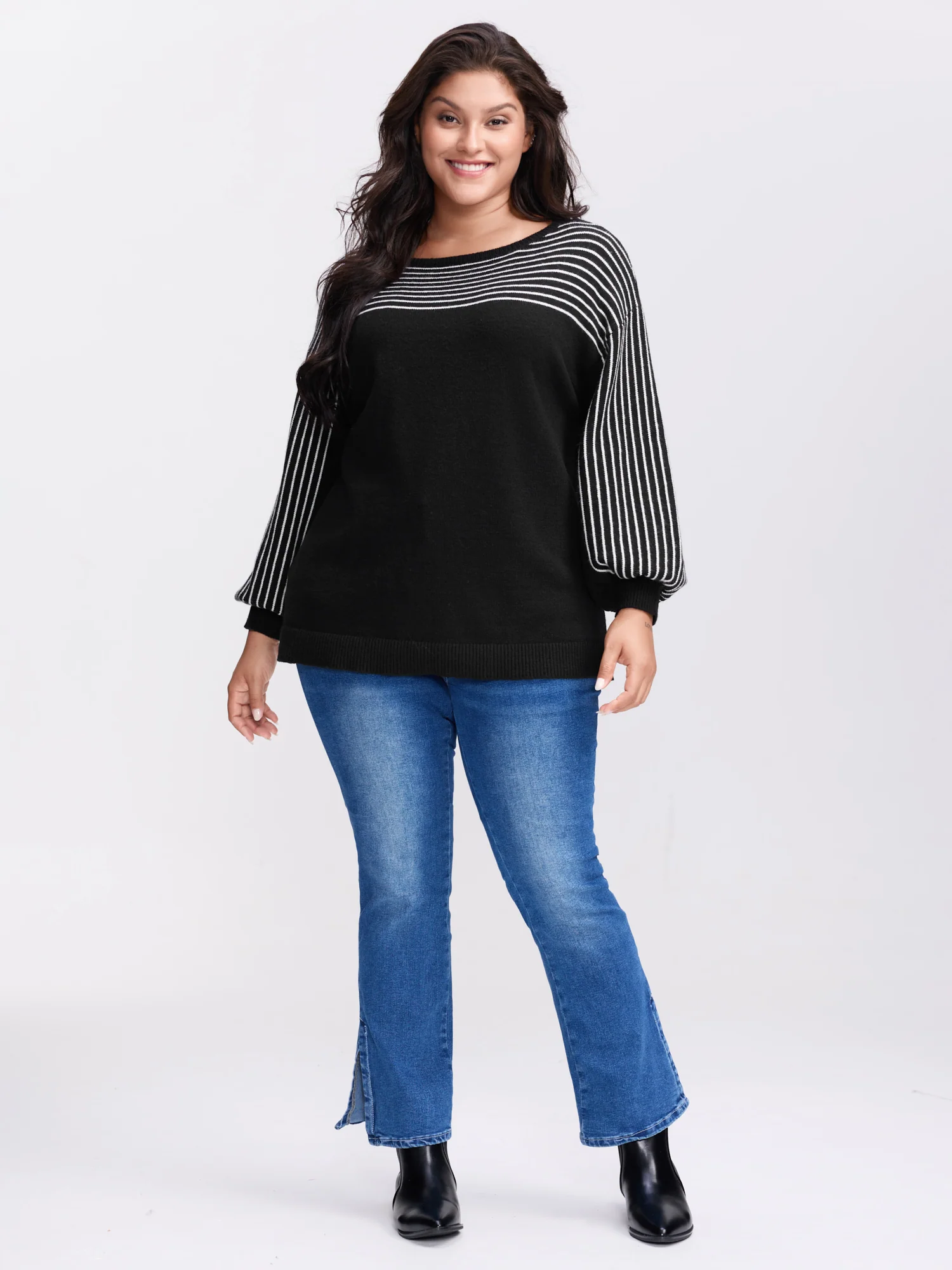 Stripe Boat Neck Balloon Sleeve Pullover - Image 3
