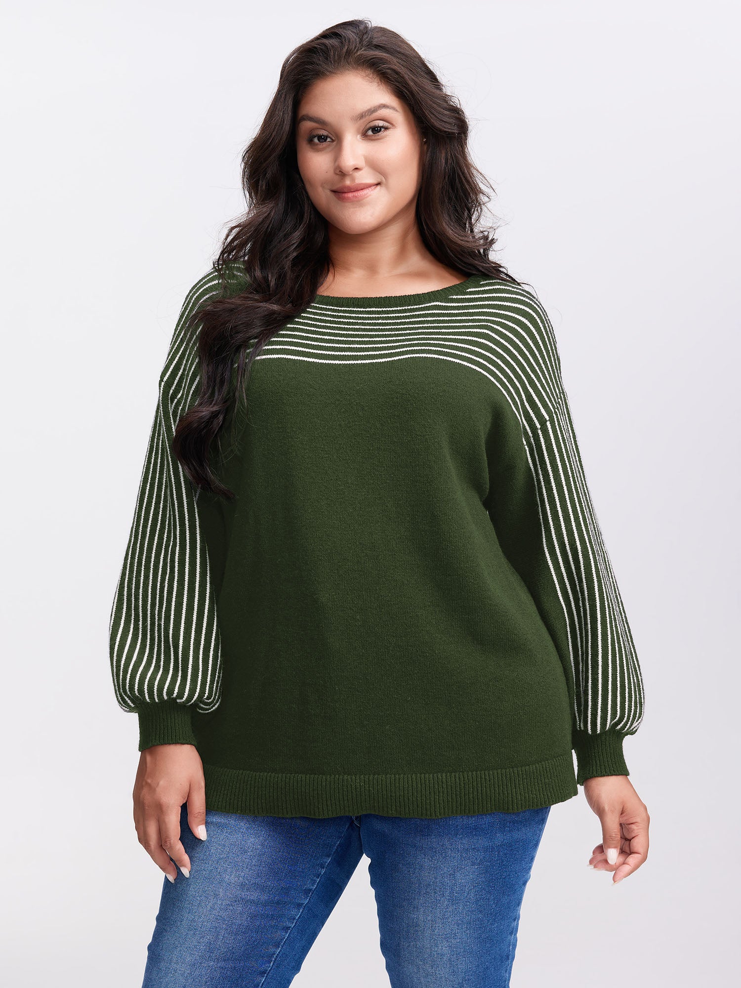Stripe Boat Neck Balloon Sleeve Pullover - Image 9