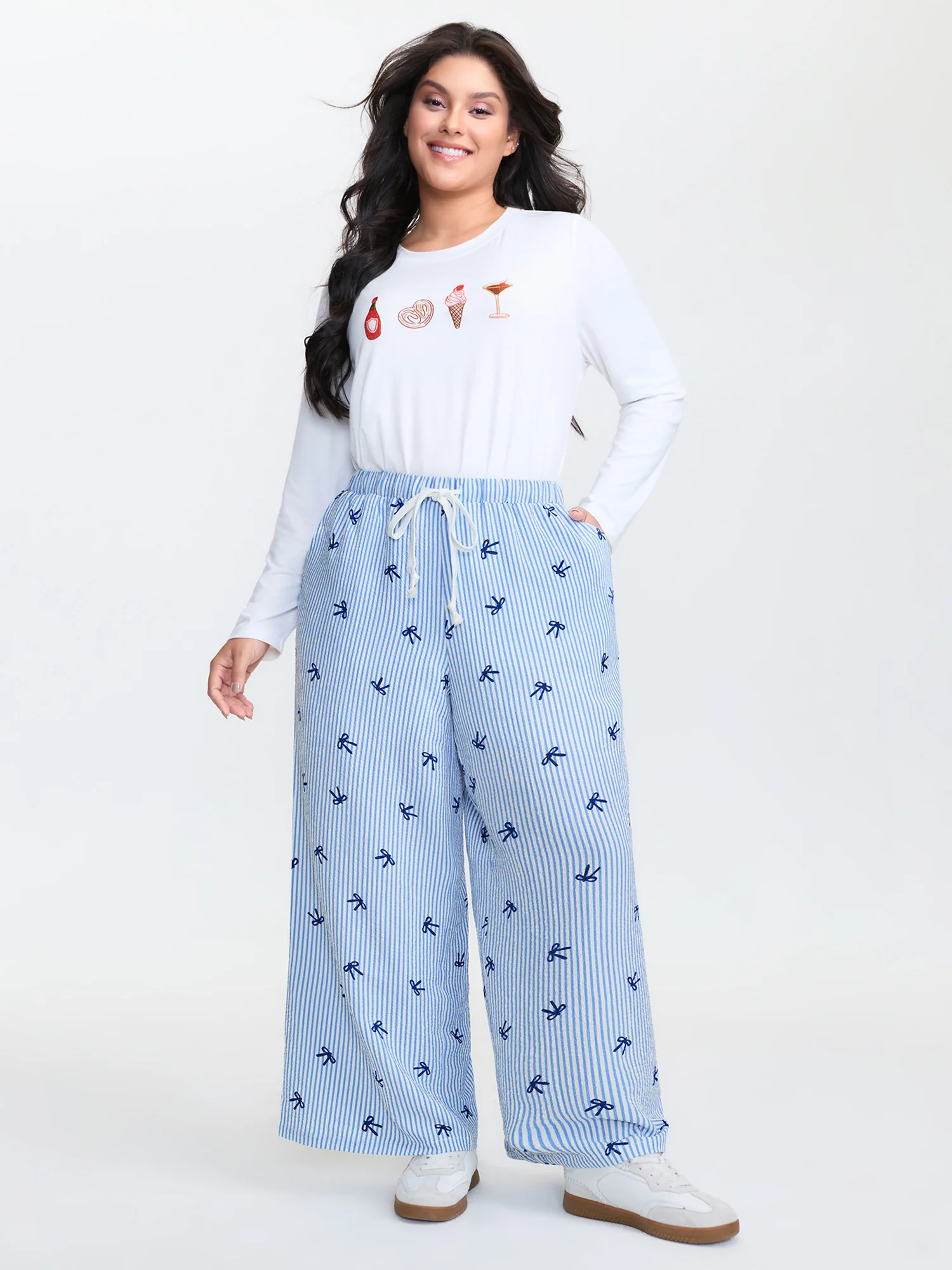 Stripe Bowknot Print Pockets Pants - Image 2
