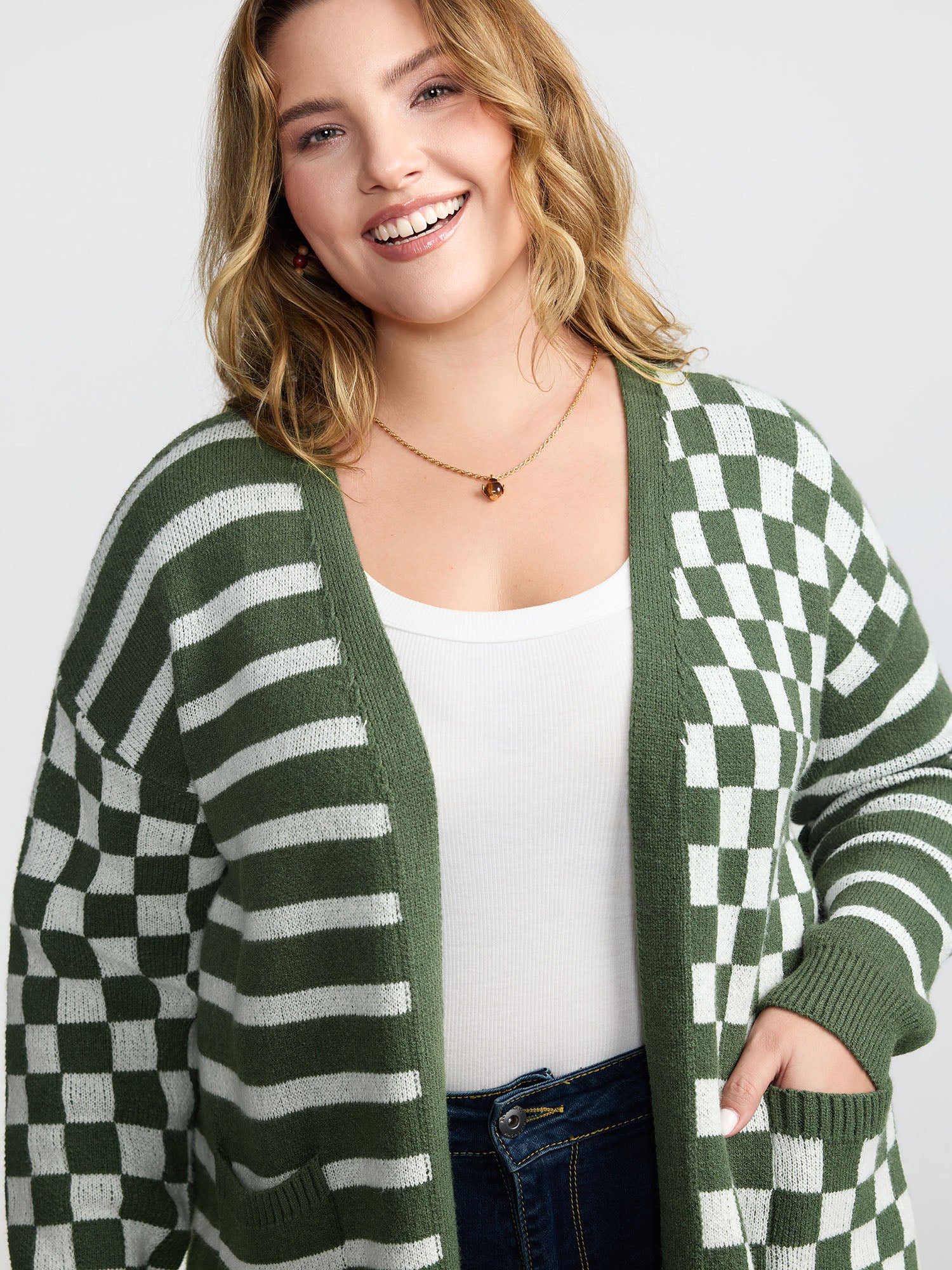 Supersoft Stripe Checkered Pockets Knit Cardigan - Image 2
