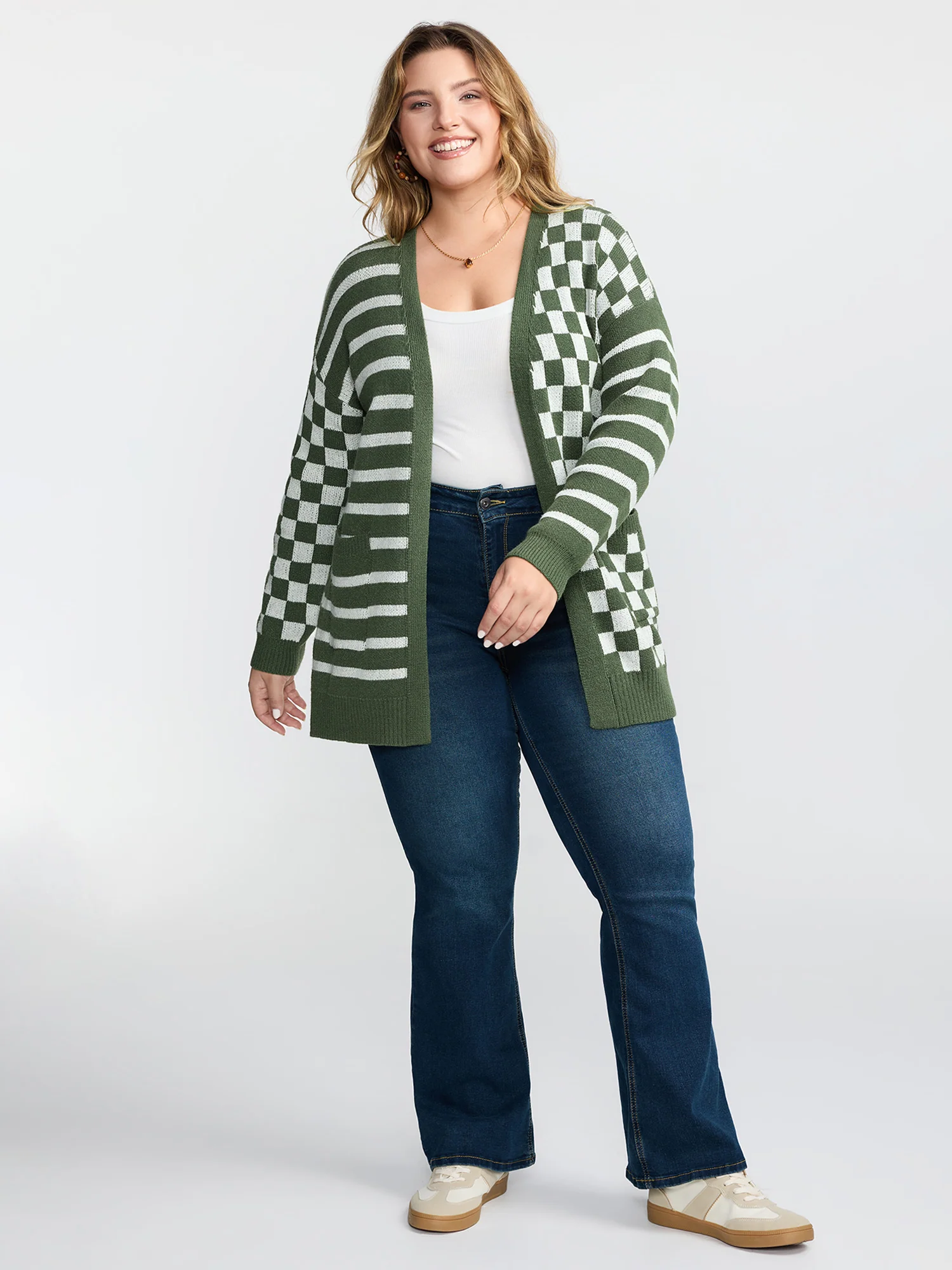 Supersoft Stripe Checkered Pockets Knit Cardigan - Image 3