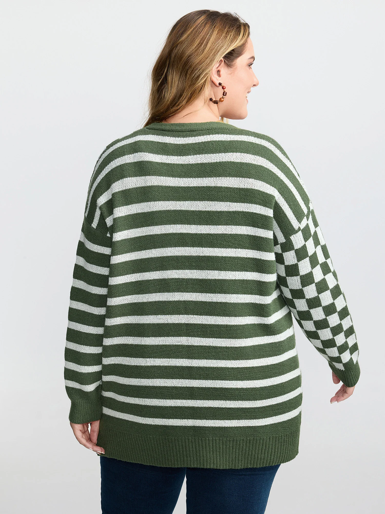 Supersoft Stripe Checkered Pockets Knit Cardigan - Image 4