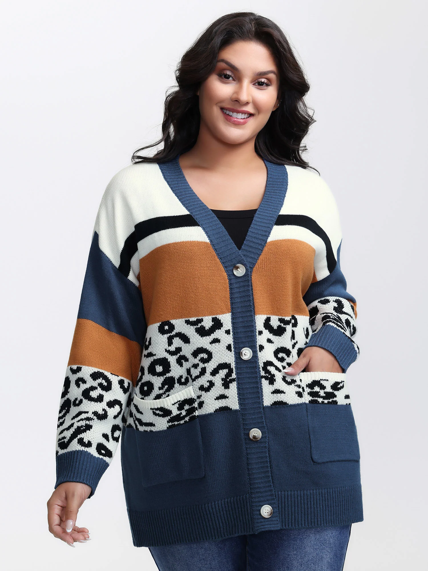 Stripe Color Block Leopard Knit Cardigan - Image 2