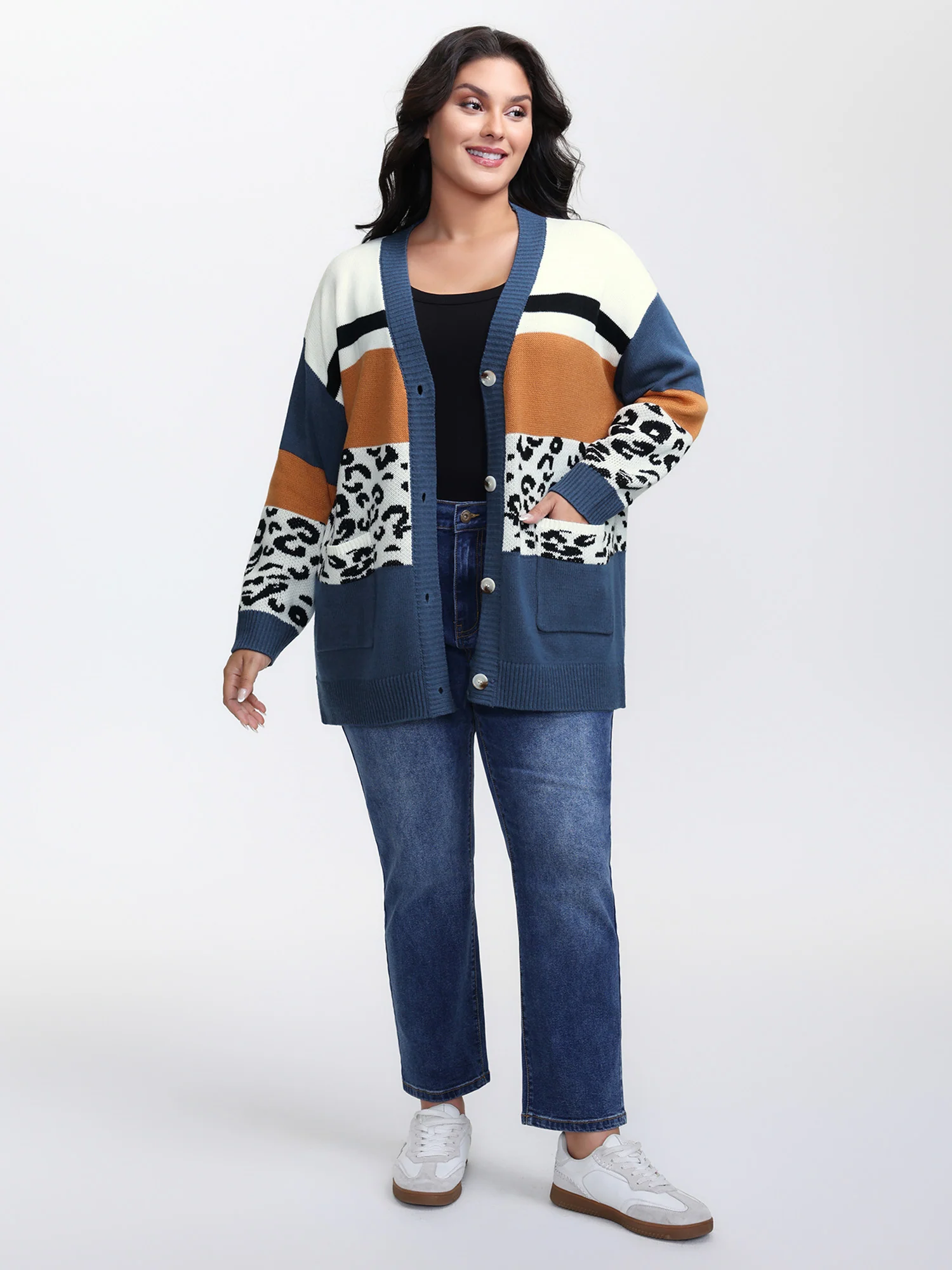 Stripe Color Block Leopard Knit Cardigan - Image 3