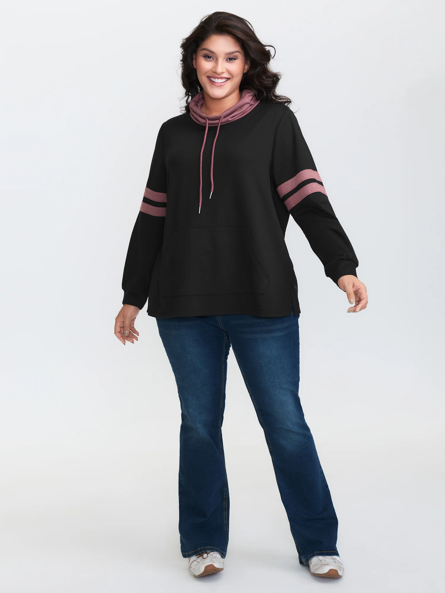 Stripe Color Contrast High Neck Sweatshirt - Image 3