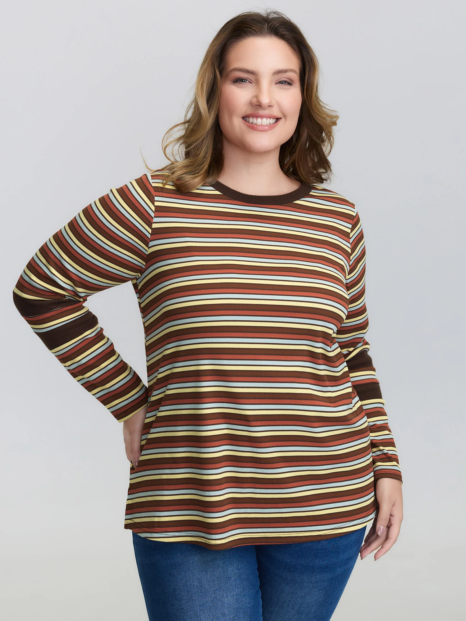 Stripe Color Contrast Round Neck T-Shirt - Image 2