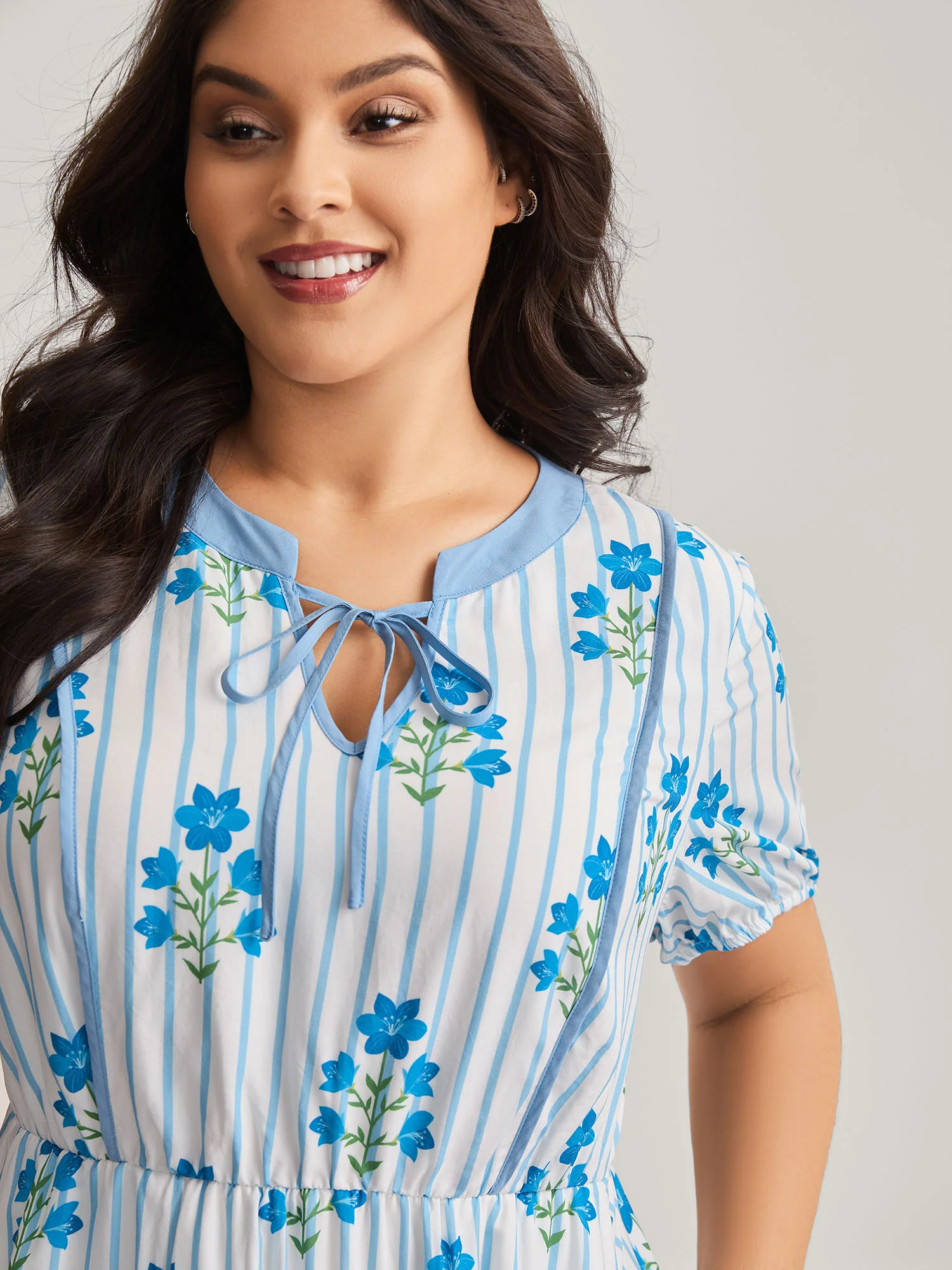 Stripe Floral Notched Neck Tie Midi Dress - Image 2