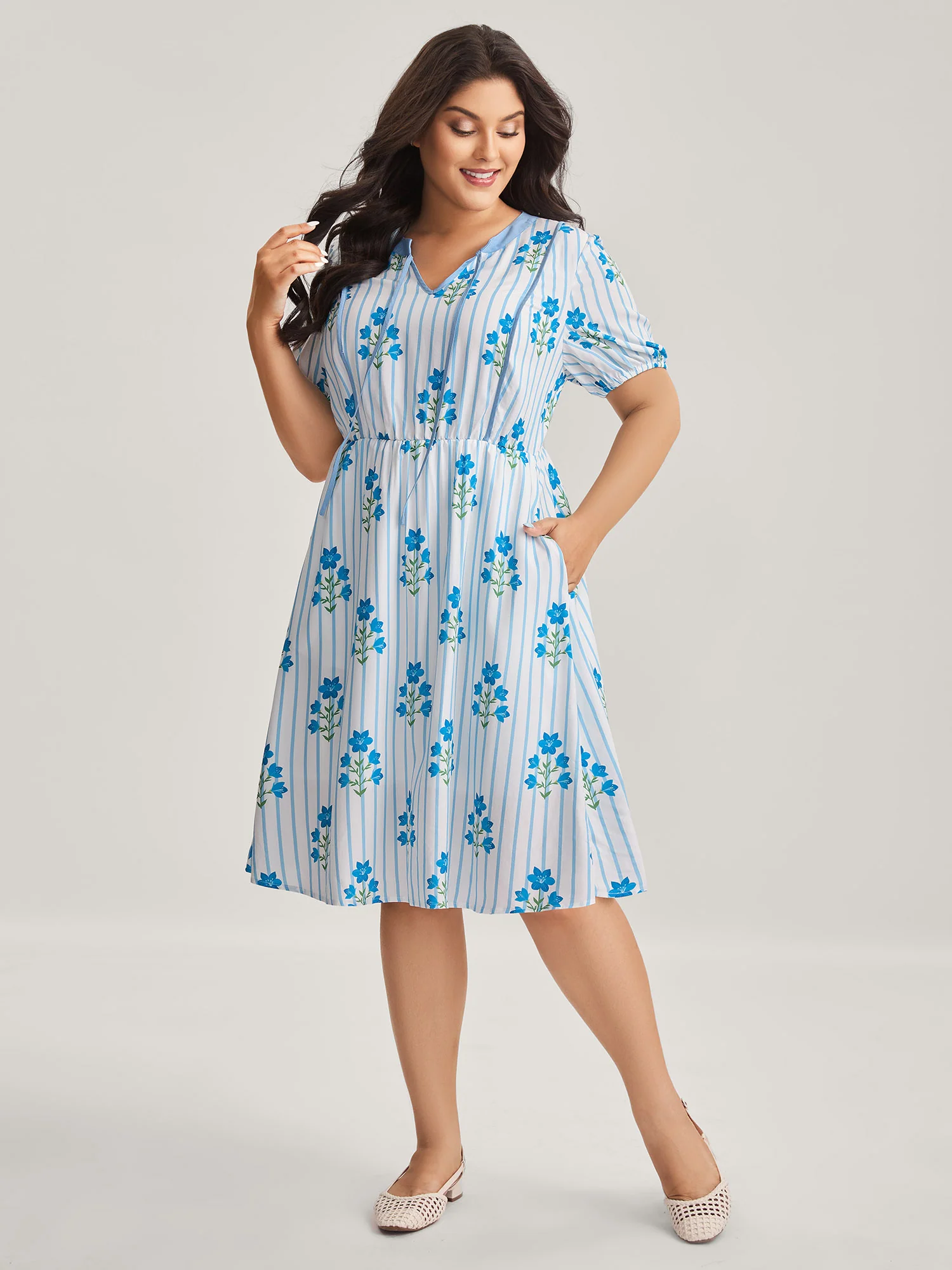 Stripe Floral Notched Neck Tie Midi Dress - Image 3