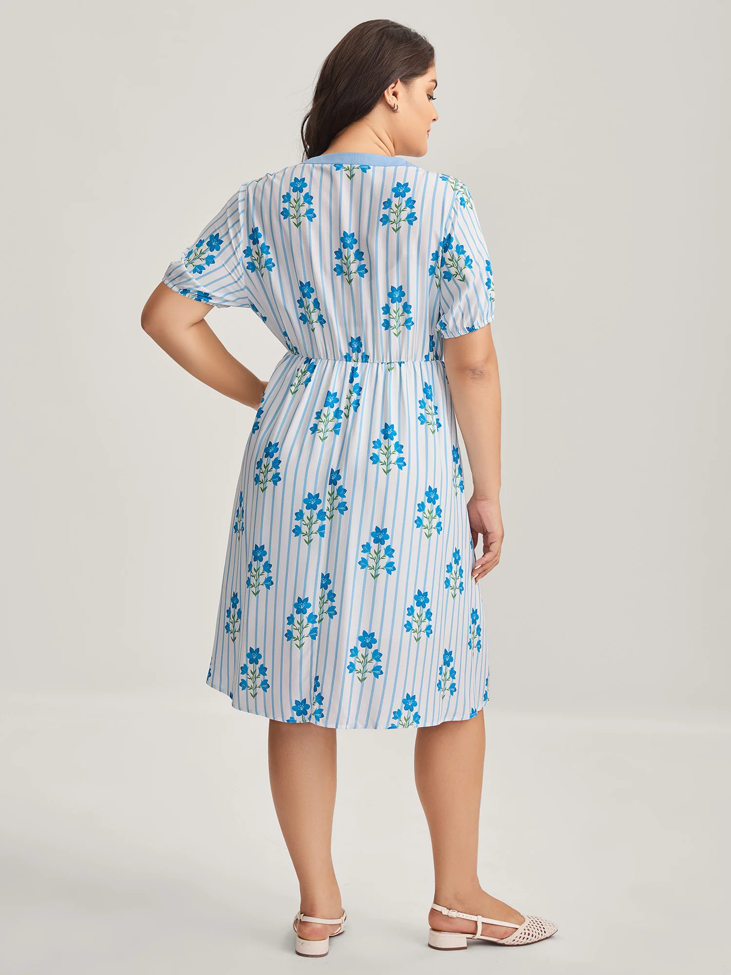 Stripe Floral Notched Neck Tie Midi Dress - Image 4