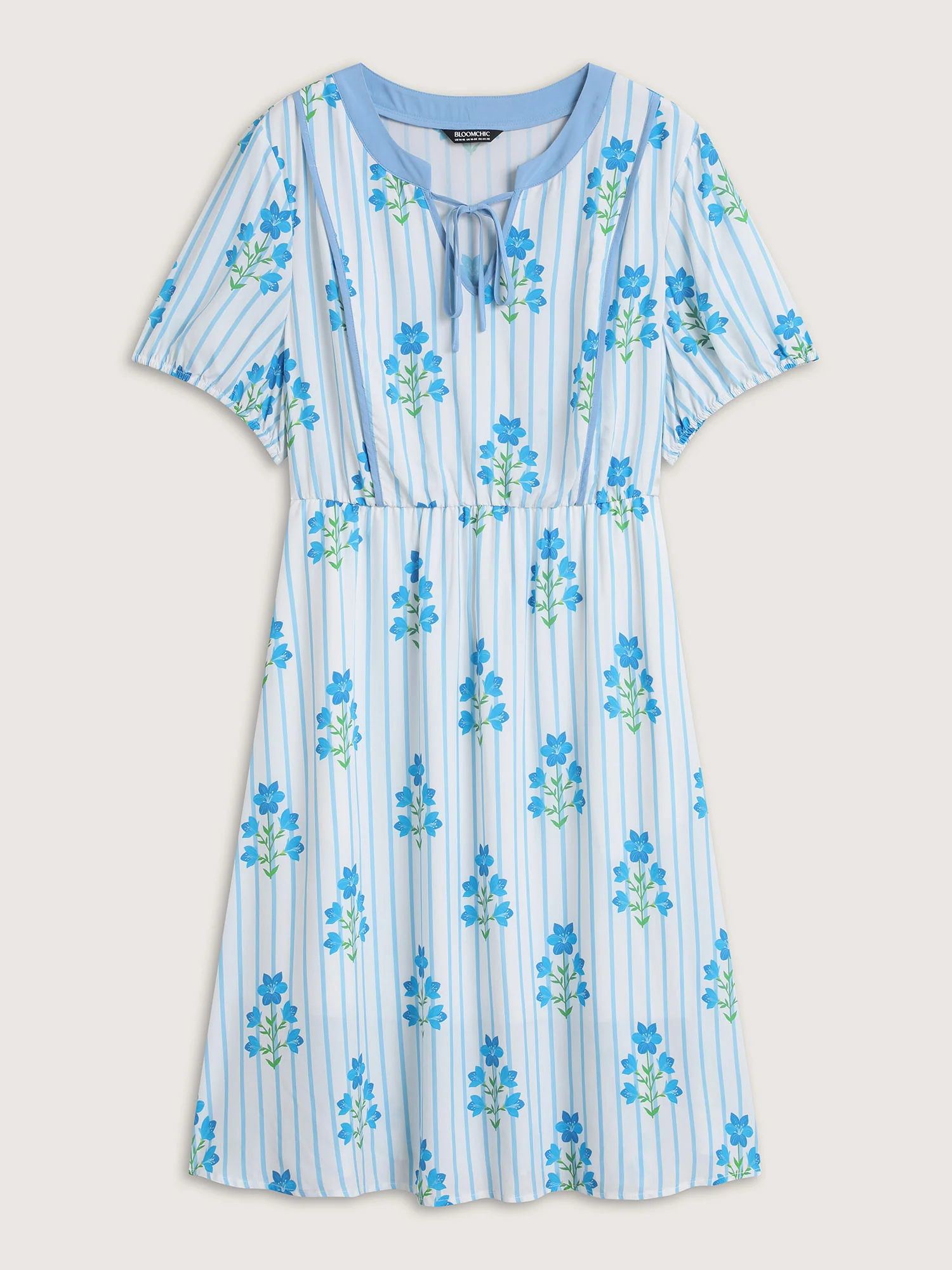 Stripe Floral Notched Neck Tie Midi Dress - Image 7
