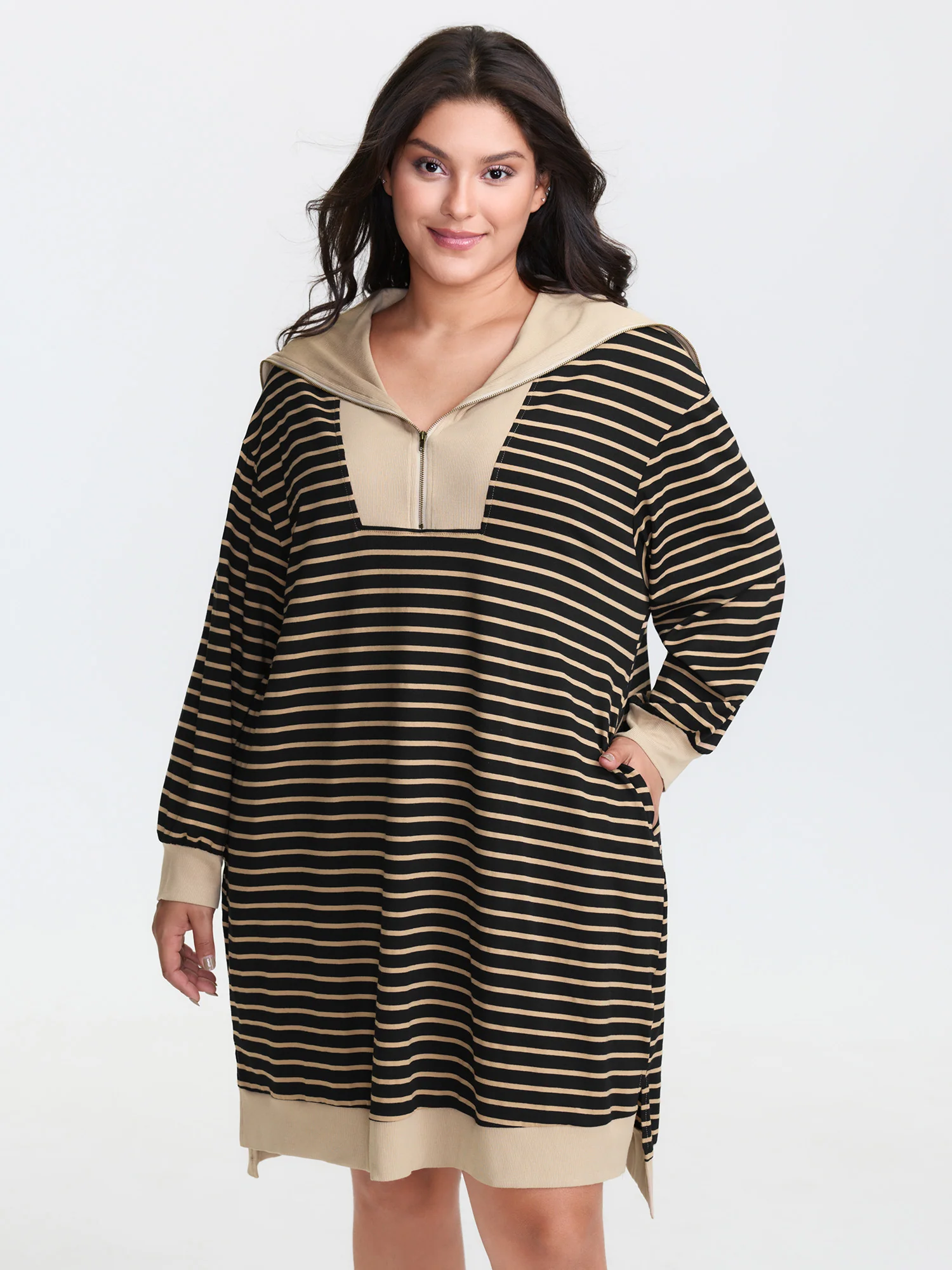 Stripe Folded Collar Half Zipper Midi Dress - Image 2