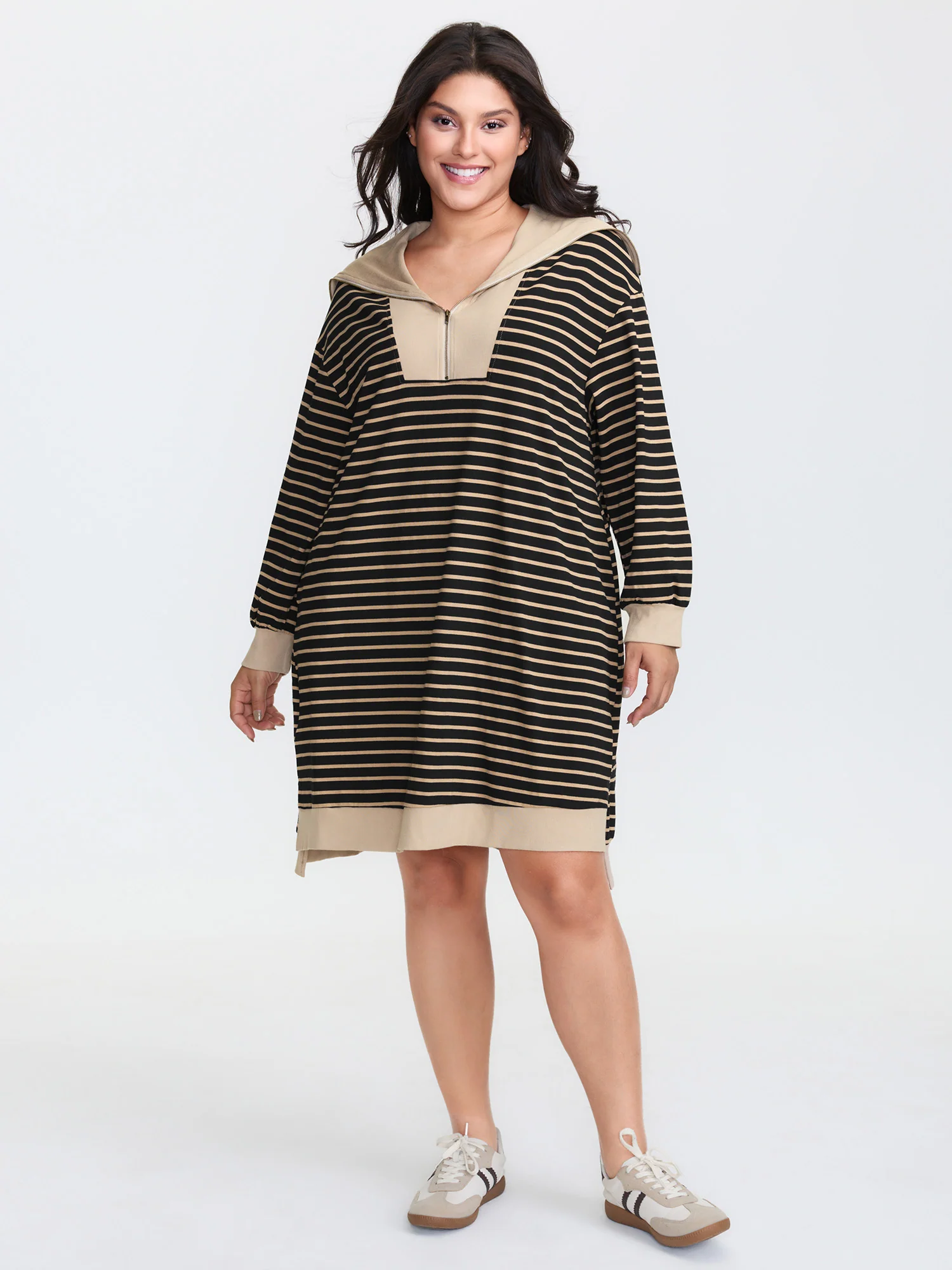 Stripe Folded Collar Half Zipper Midi Dress - Image 3