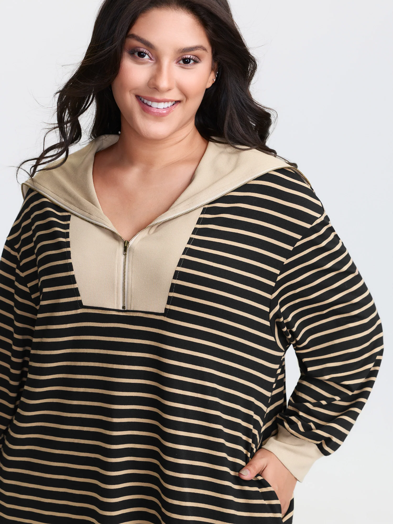 Stripe Folded Collar Half Zipper Midi Dress - Image 4