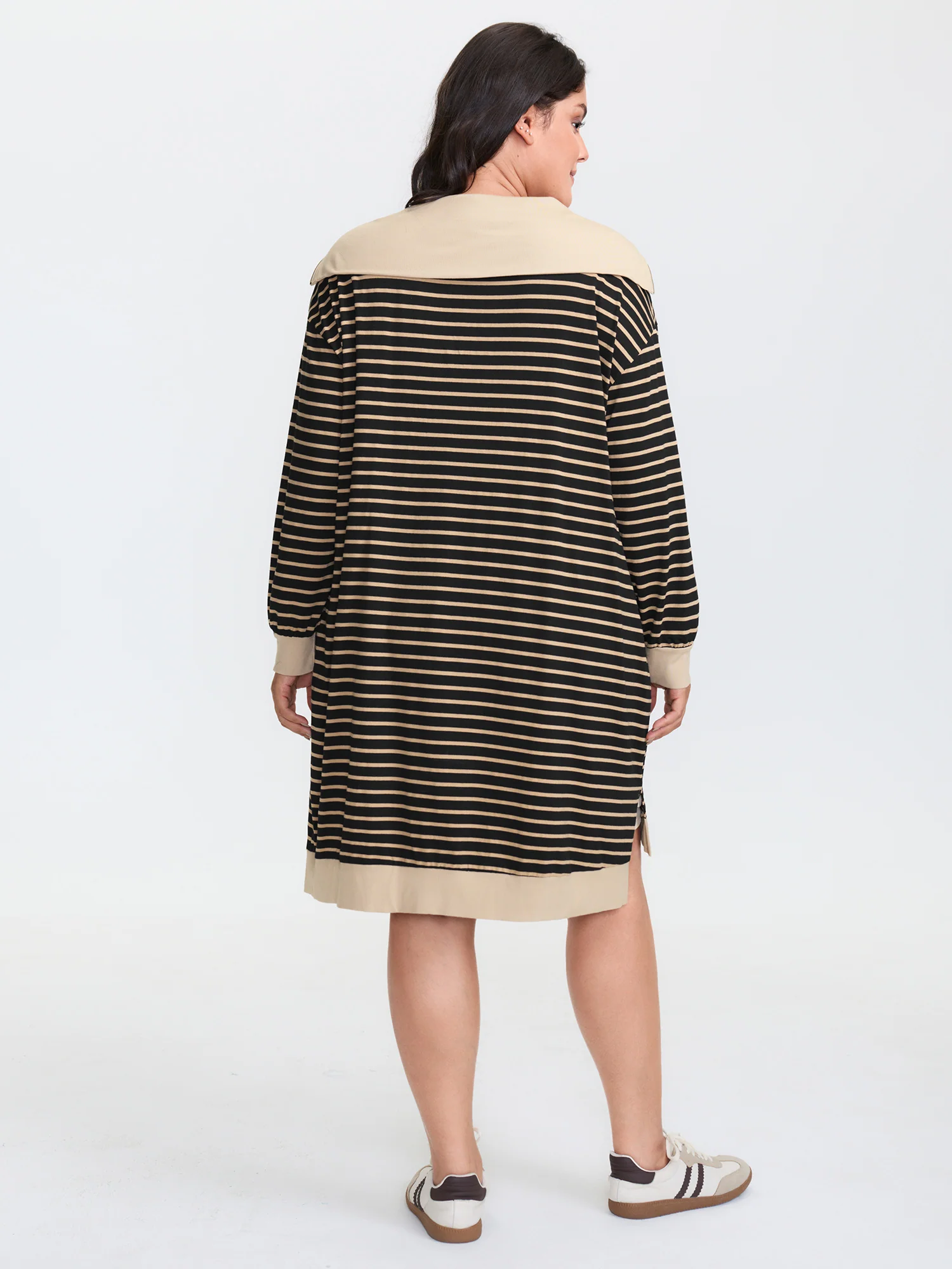 Stripe Folded Collar Half Zipper Midi Dress - Image 5