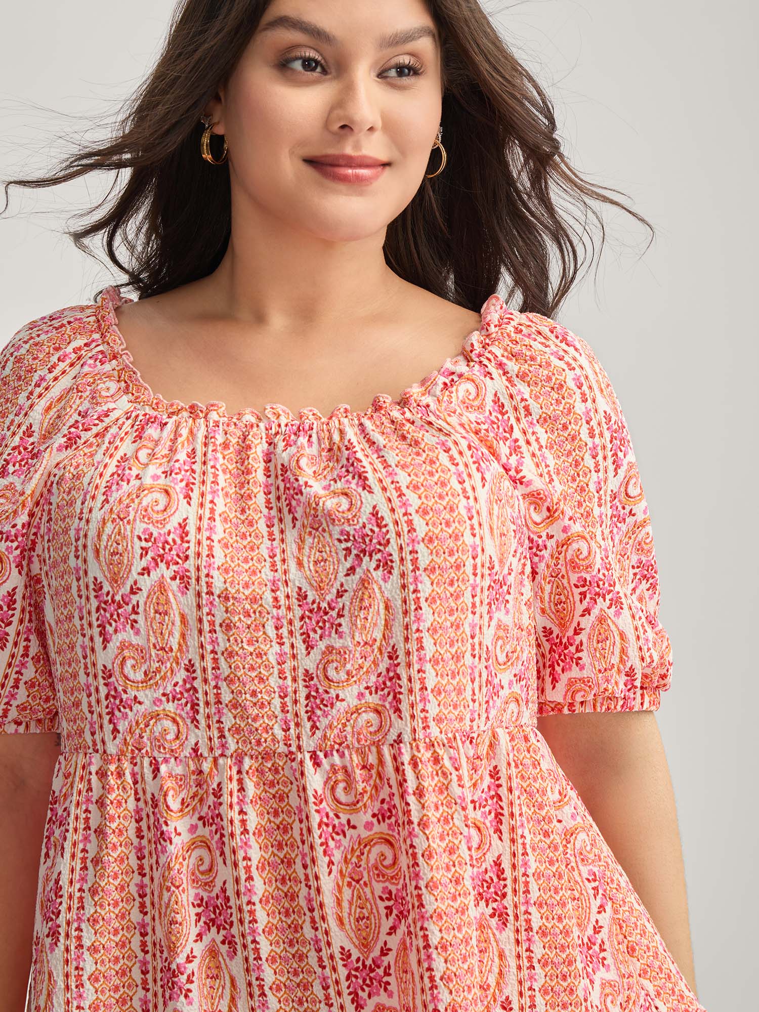 Stripe Paisley Print Ruffled Neck Blouse - Image 2