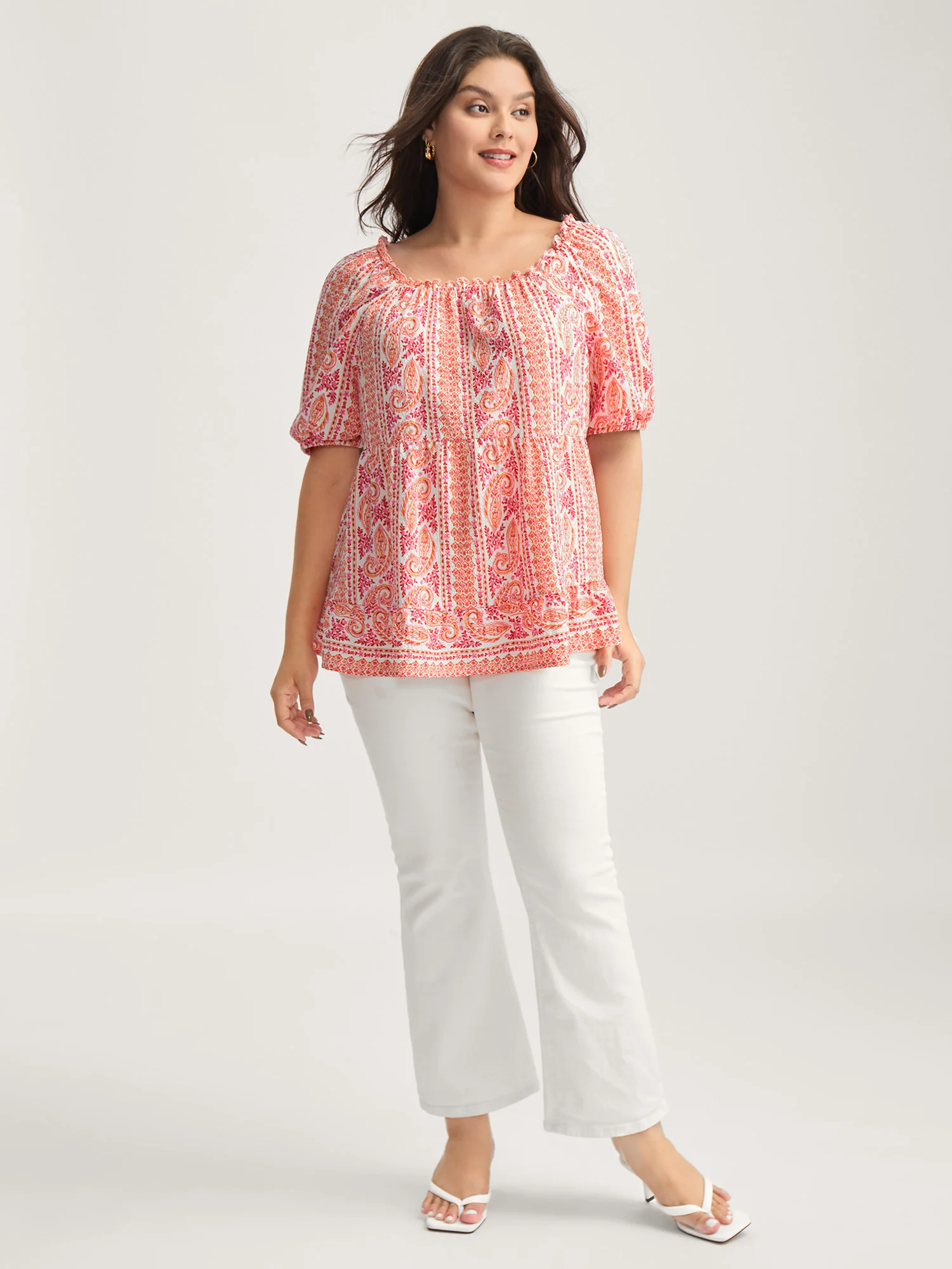Stripe Paisley Print Ruffled Neck Blouse - Image 3