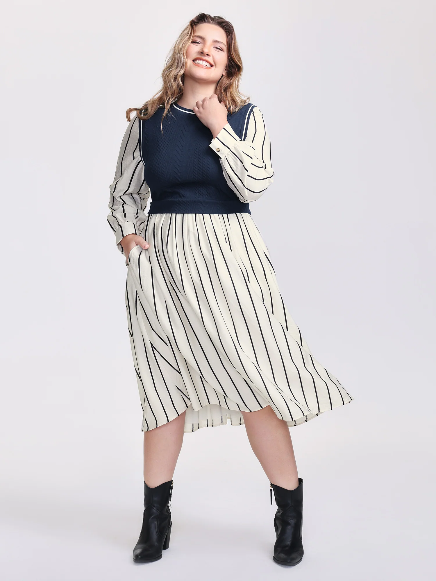 Stripe Pockets Color Contrast Midi Dress - Image 3
