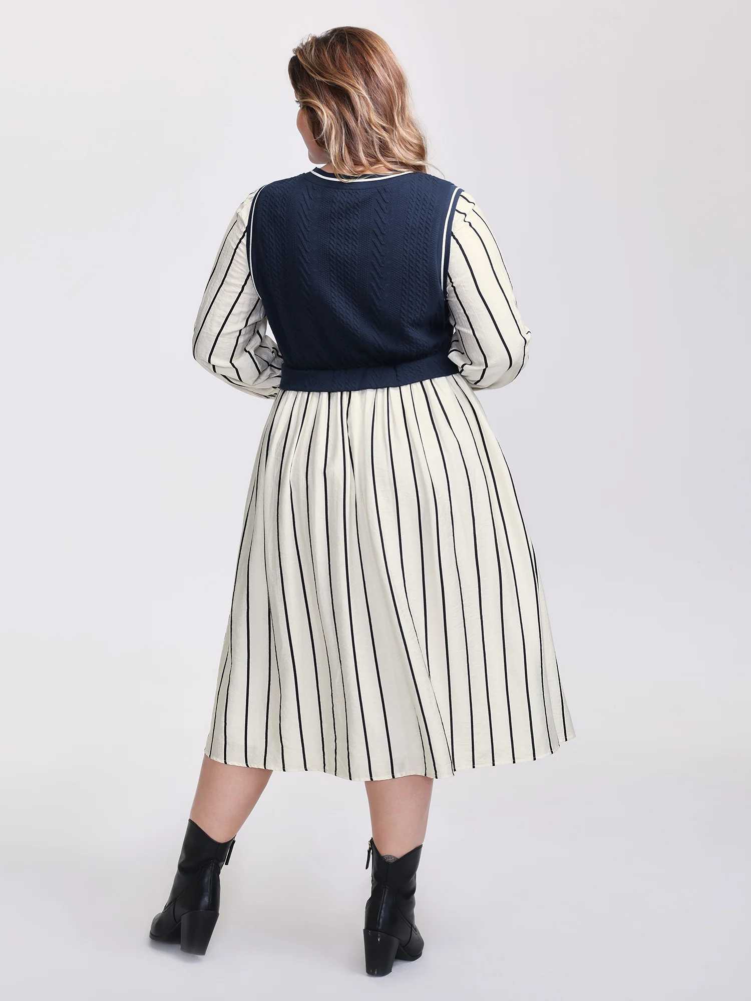 Stripe Pockets Color Contrast Midi Dress - Image 5
