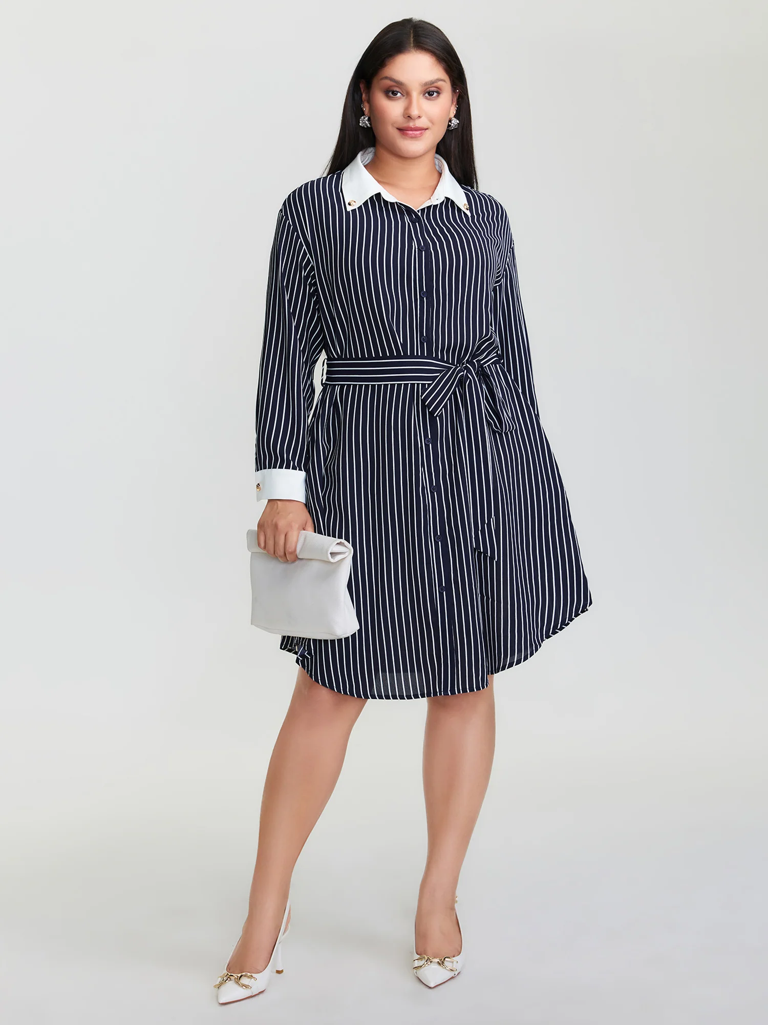 Stripe Print Belted Metal Detail Midi Dress - Image 3