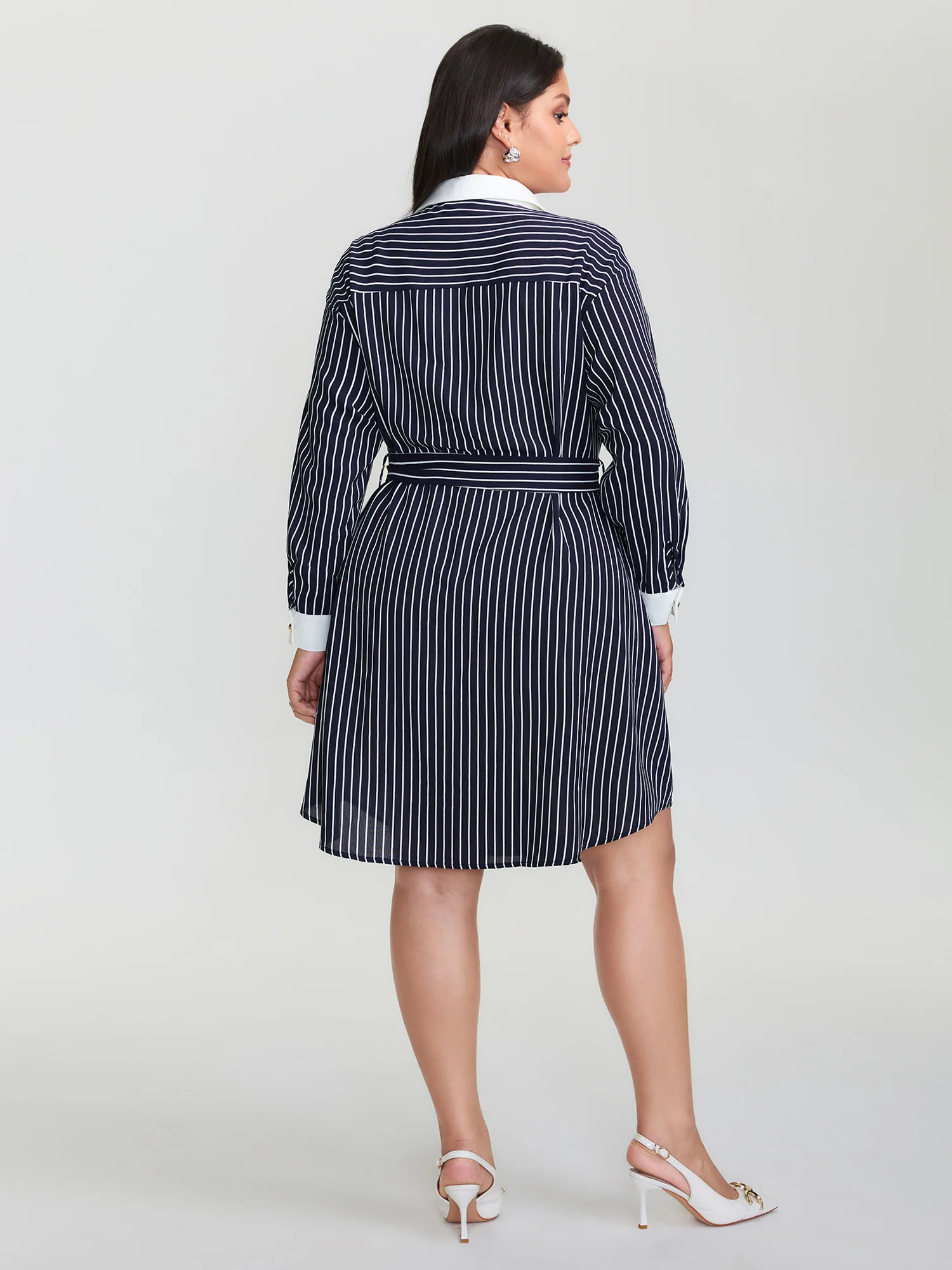 Stripe Print Belted Metal Detail Midi Dress - Image 5