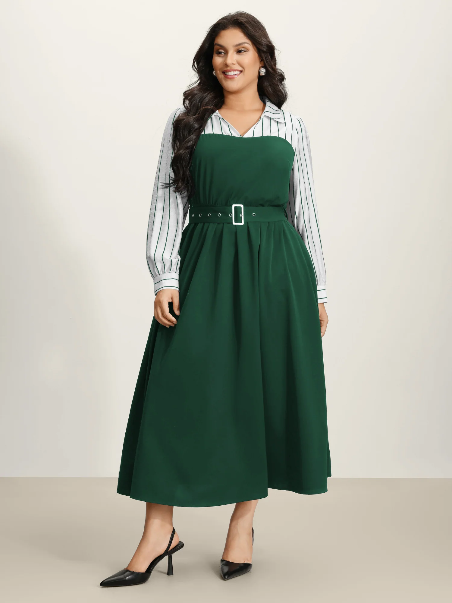 Stripe Print Belted Pockets Maxi Dress - Image 10