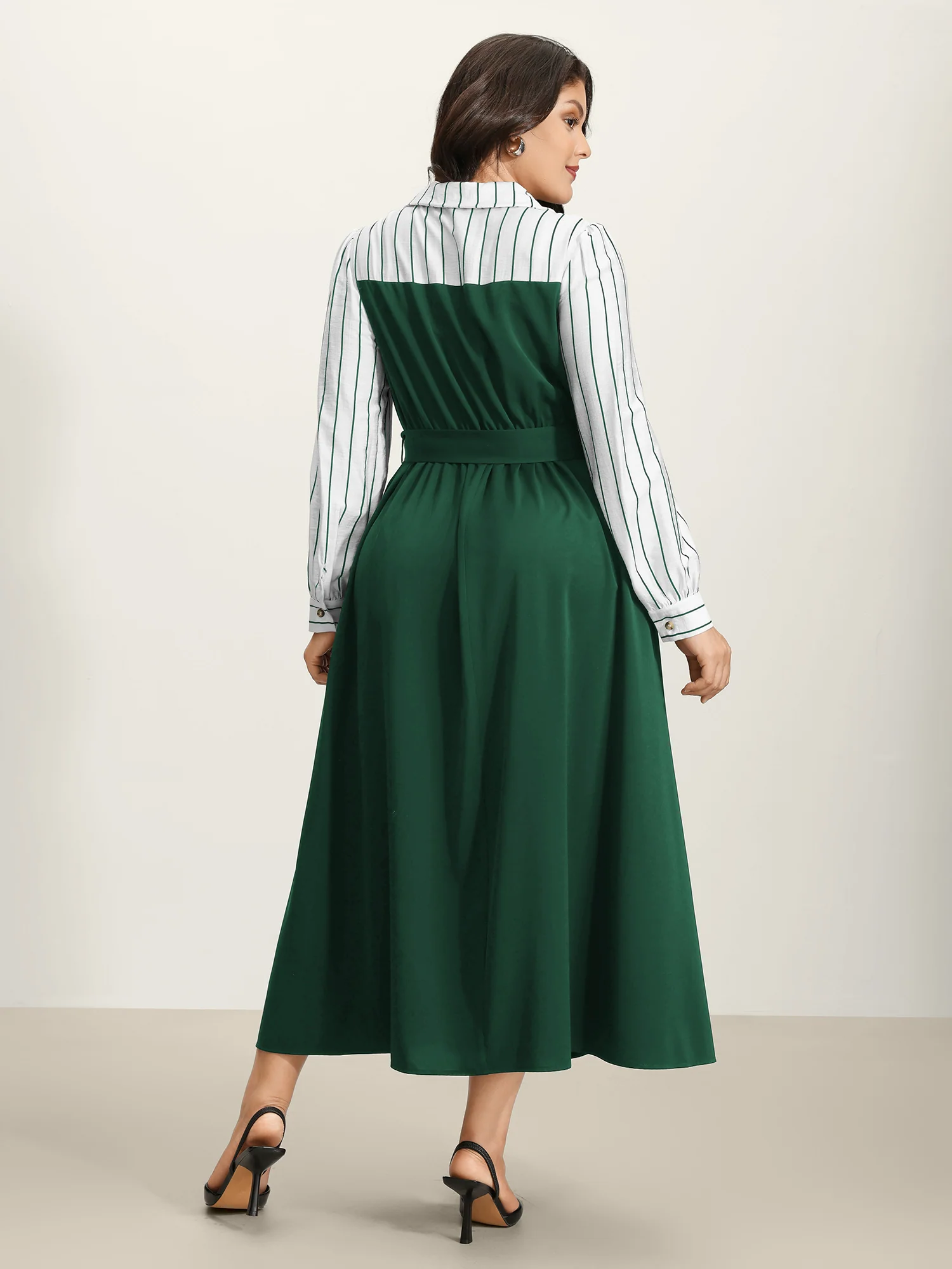 Stripe Print Belted Pockets Maxi Dress - Image 11