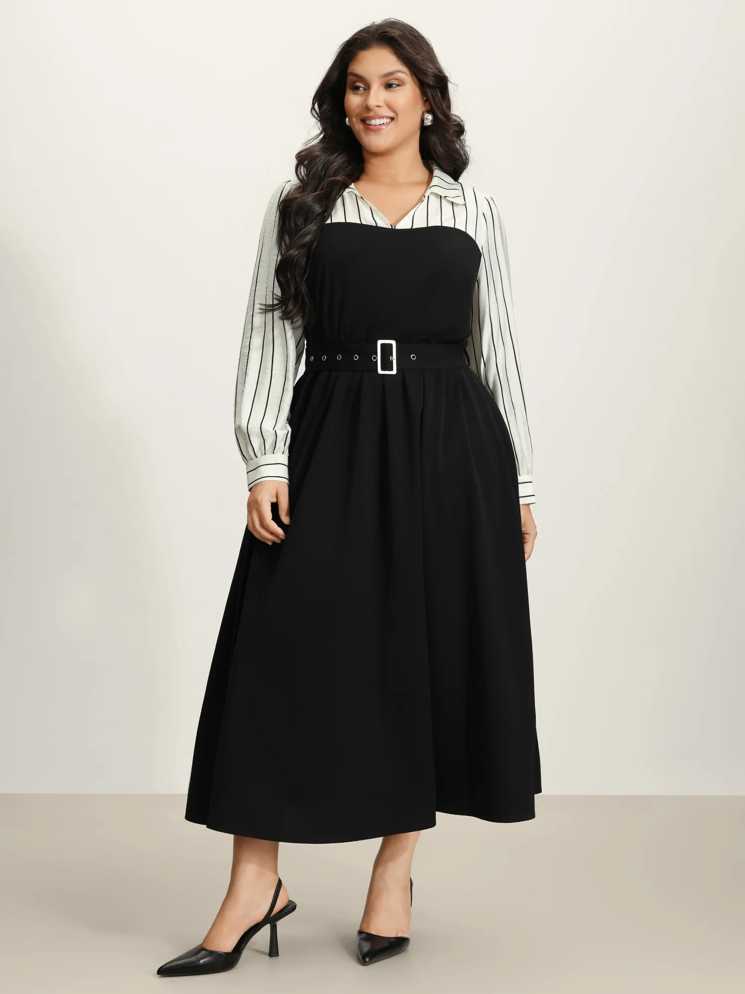 Stripe Print Belted Pockets Maxi Dress - Image 3