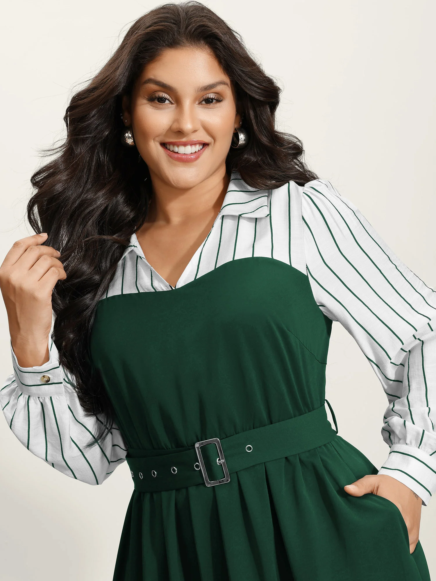 Stripe Print Belted Pockets Maxi Dress - Image 9