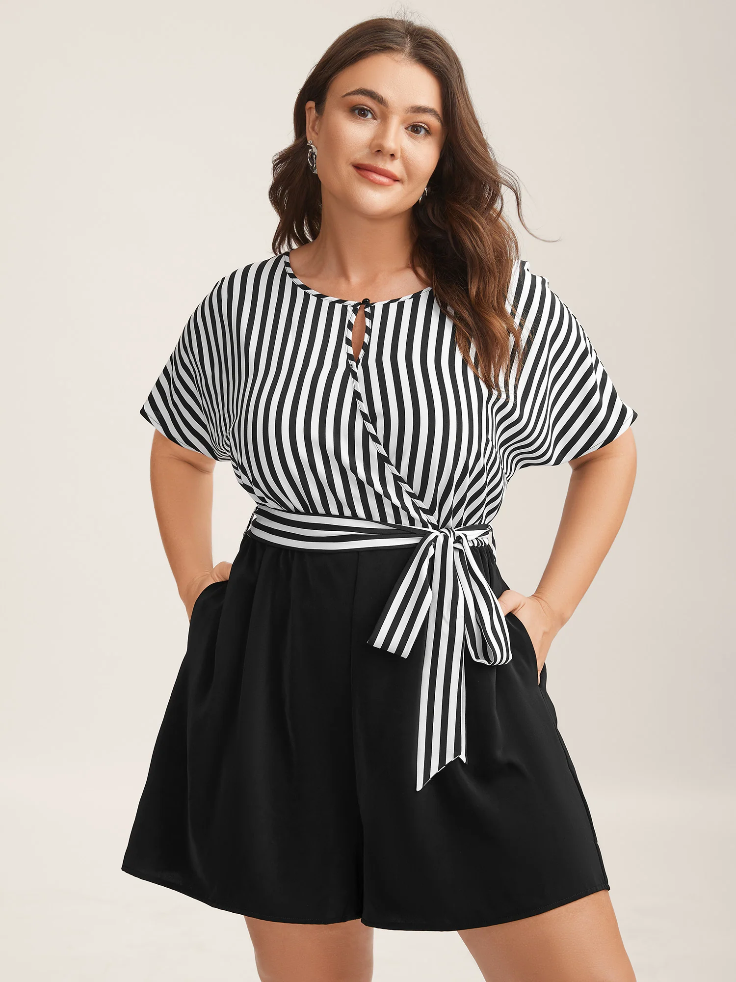 Stripe Print Belted Pockets Romper