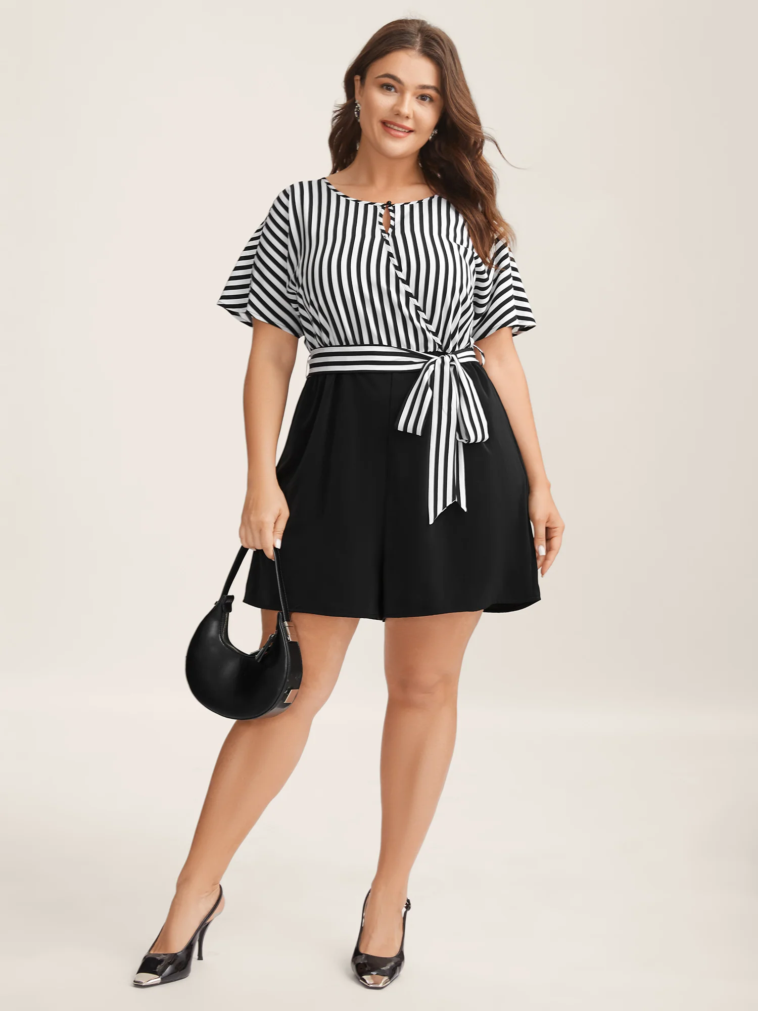 Stripe Print Belted Pockets Romper - Image 3