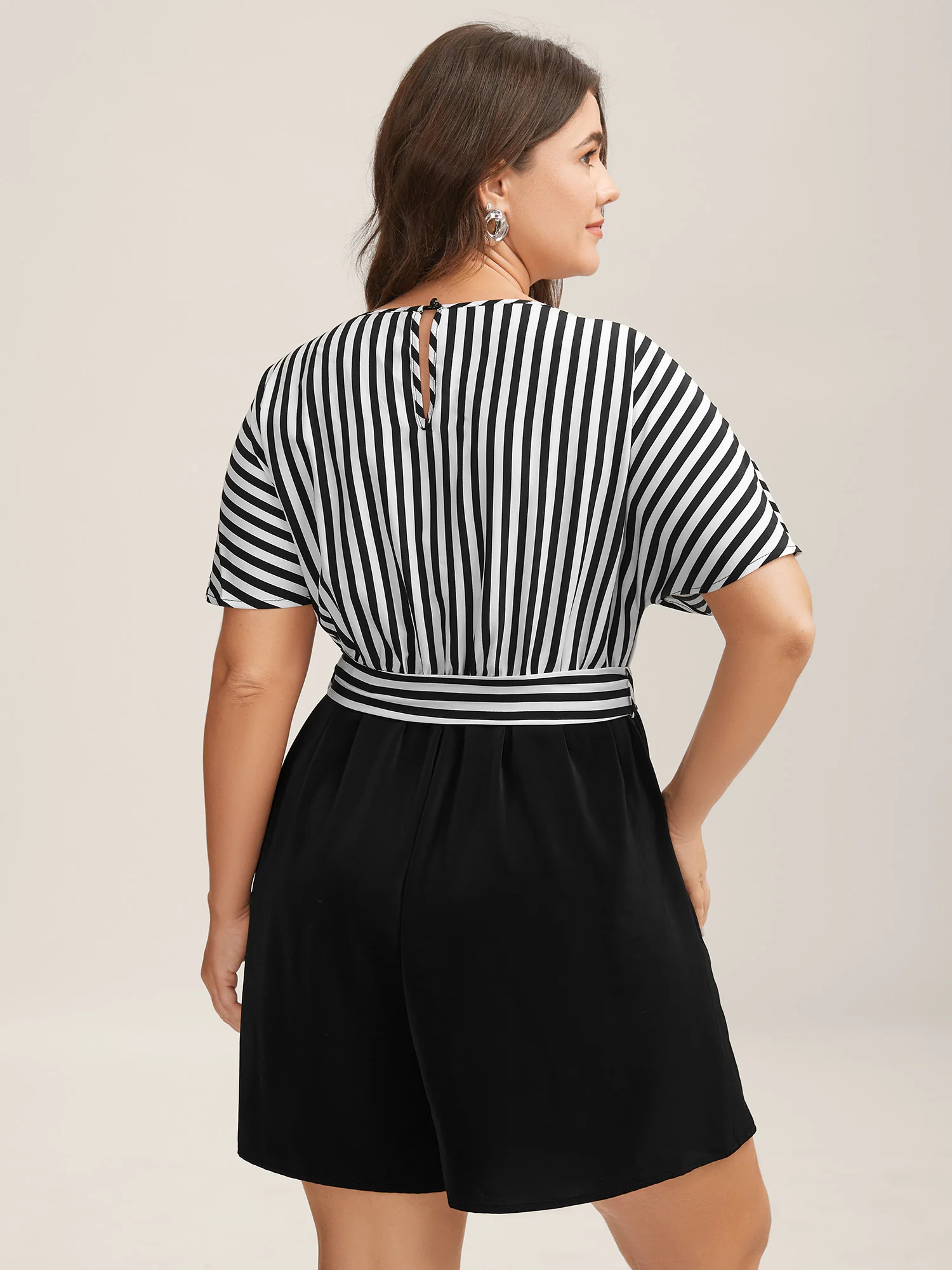 Stripe Print Belted Pockets Romper - Image 4