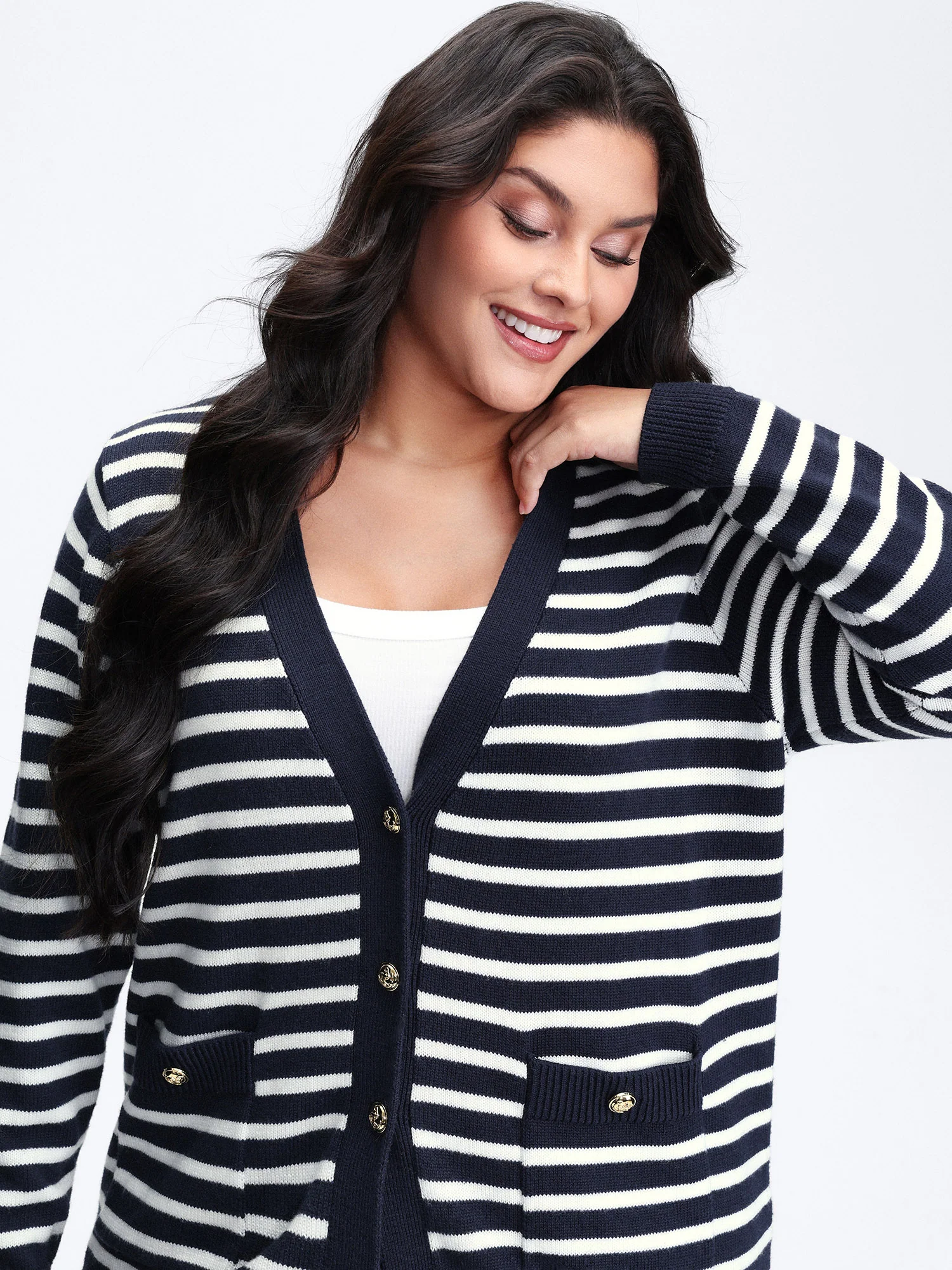 Wool-Blend Stripe Button Pockets Knit Cardigan - Image 2
