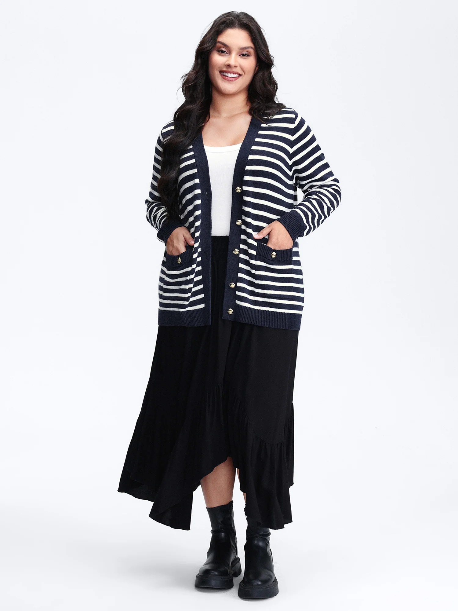 Wool-Blend Stripe Button Pockets Knit Cardigan - Image 3